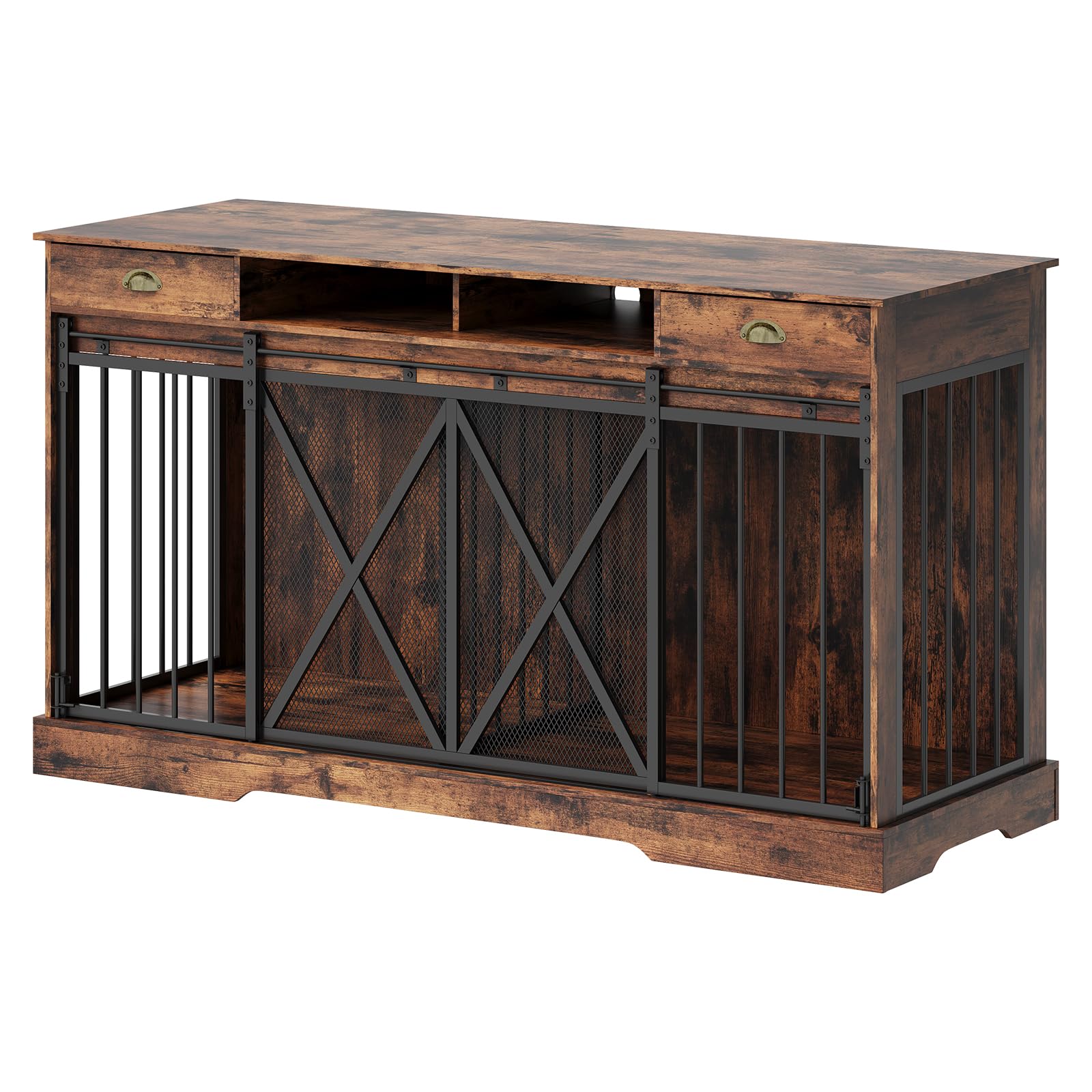 Garvee Heavy Duty Double Dog Crate Furniture for 2 Large or Medium Dogs – Wooden Kennel, Removable Divider, Lockable Sliding Doors, Drawers & Open Shelves, Indoor Pet Cage TV Stand – 63 Inches