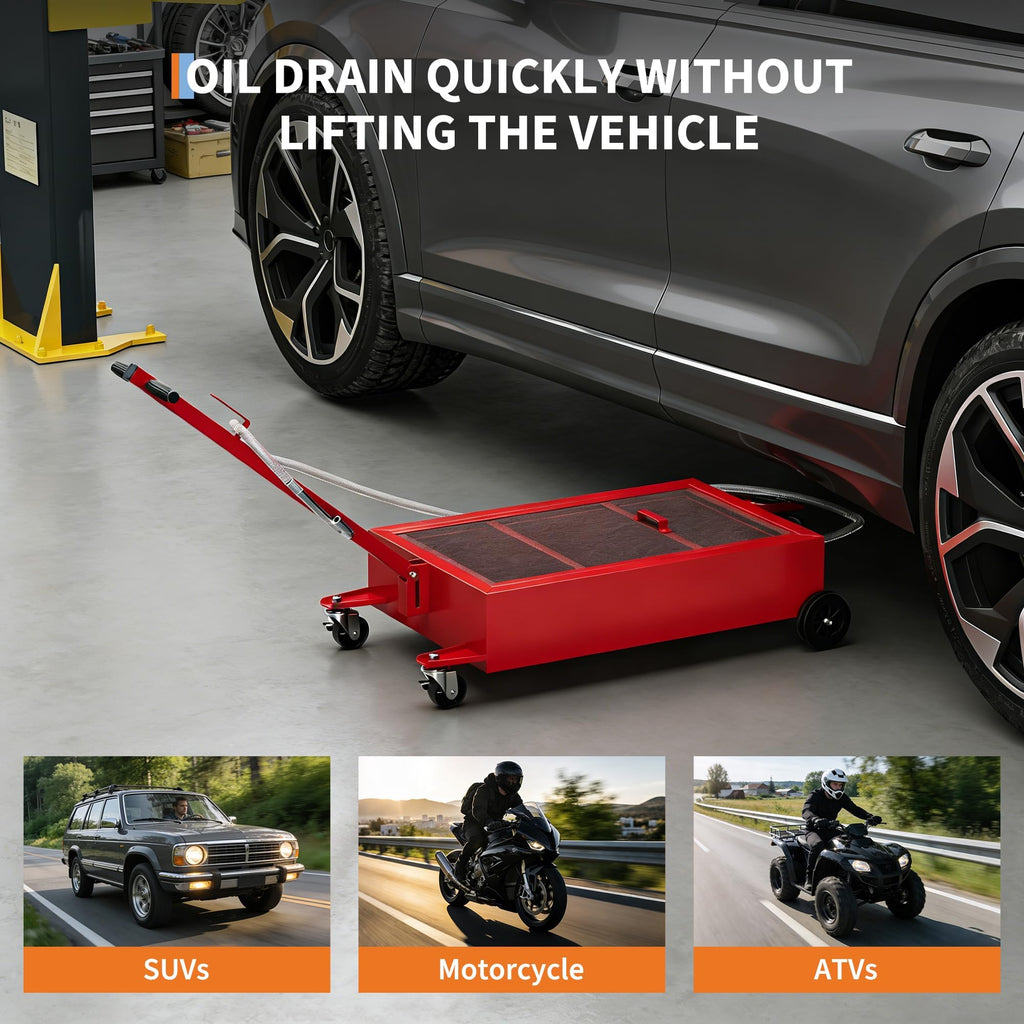 Garvee 15-Gallon Low-Profile Oil Pan with Lockable Wheels, Electric 12V Pump, Rust-Resistant Carbon Steel, 8 GPM Flow, 2m Hose, for Cars & ATVs, Red