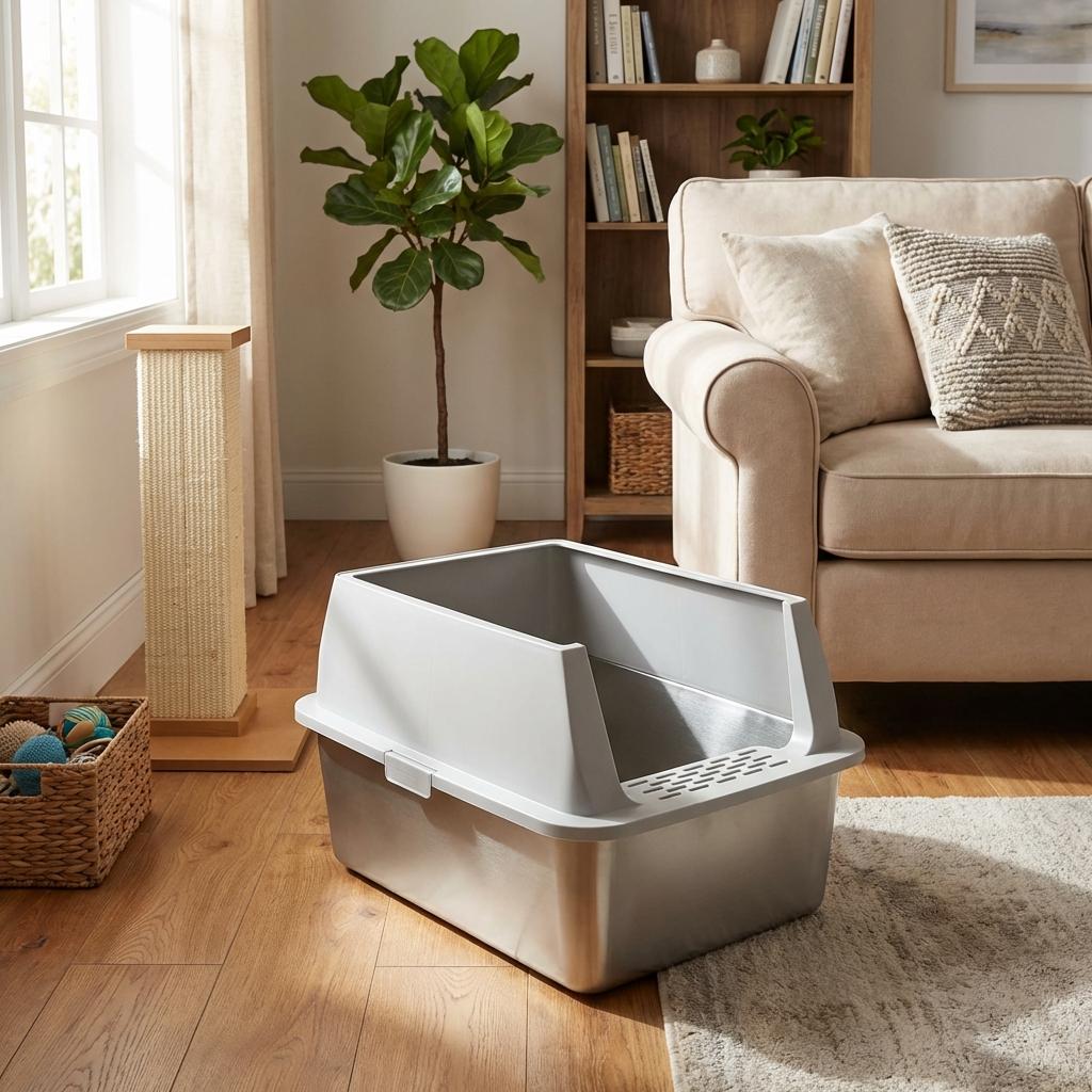 Garvee Stainless Steel Litter Box, Large Open Cat Litter Box for Big Cats, Metal Cat Box with High Sided Enclosure & Scoop Litter Mat, Odor Free, Anti-Leakage, 12"H