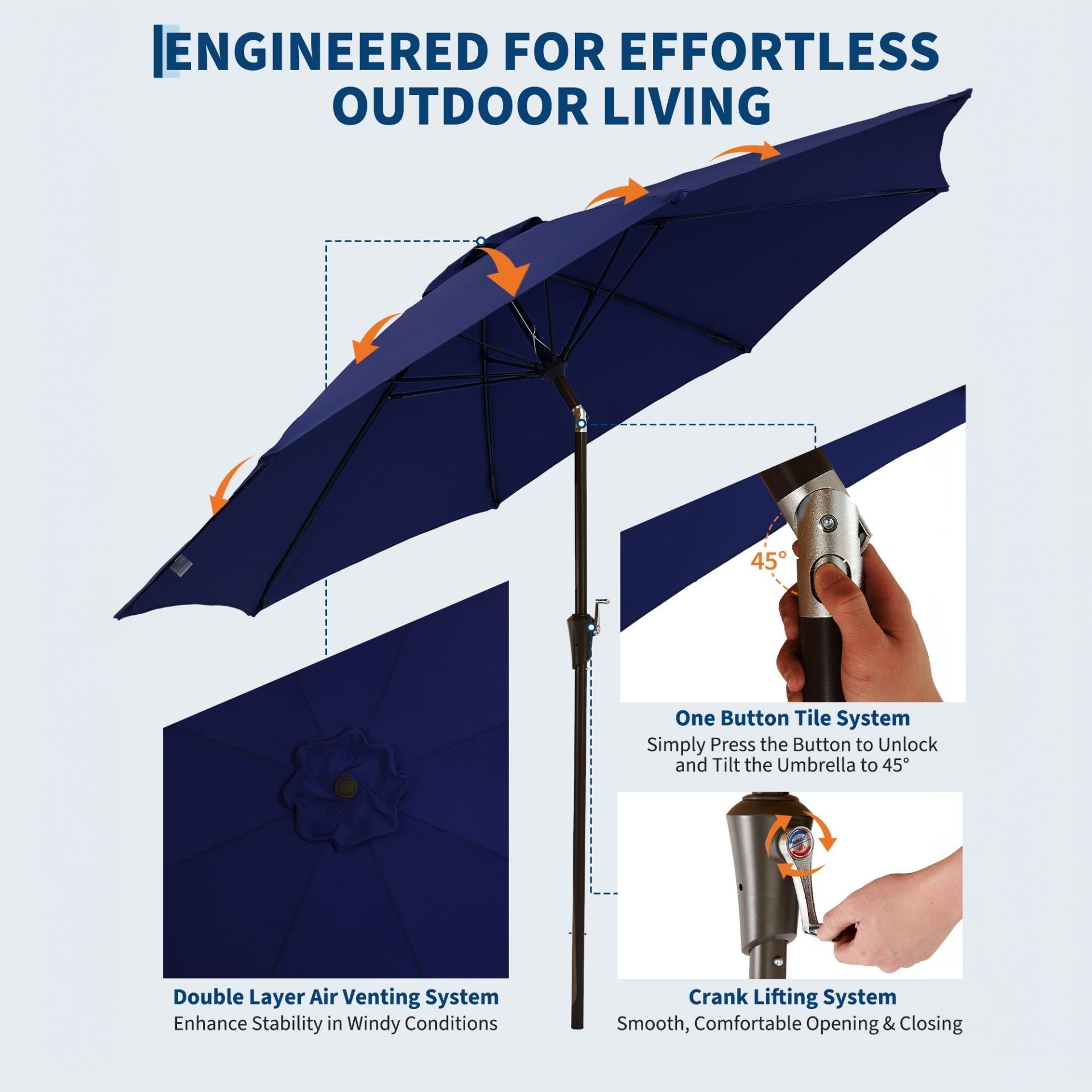 Garvee 9FT Outdoor Patio Umbrella, Navy Blue Market Table Umbrella with Push Button Tilt, Crank Lift, 8 Sturdy Ribs, UV-Resistant Waterproof Sun Shade for Garden, Backyard, Deck & Pool