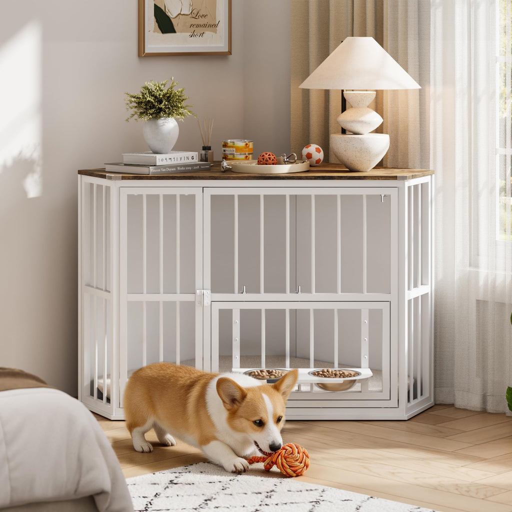 Garvee Space-Saving Corner Dog Crate Furniture – Wooden Indoor Kennel End Table with 360° Rotating Door, Stainless Steel Feeding Bowls, Decorative Design for Small Dogs, White, Classic + White Relief + White Iron Frame