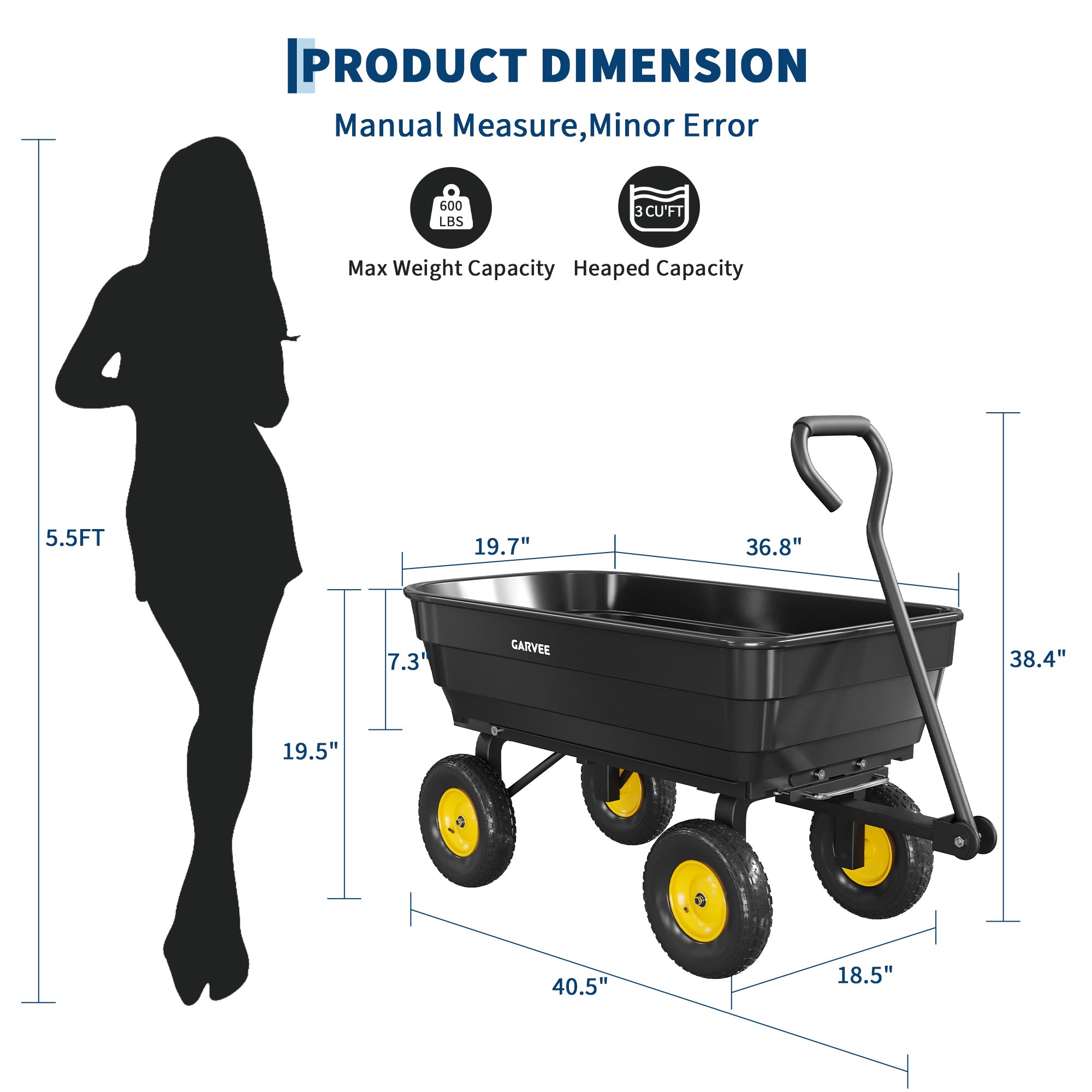 Garvee 600 lb Heavy-Duty Poly Garden Dump Cart, Utility Wagon with Quick-Tilt Dump System, 10" No-Flat All-Terrain Wheels, Convertible Tow Handle & Reinforced Steel Frame for Yard, Soil, Rocks & Landscaping, Black/Yellow