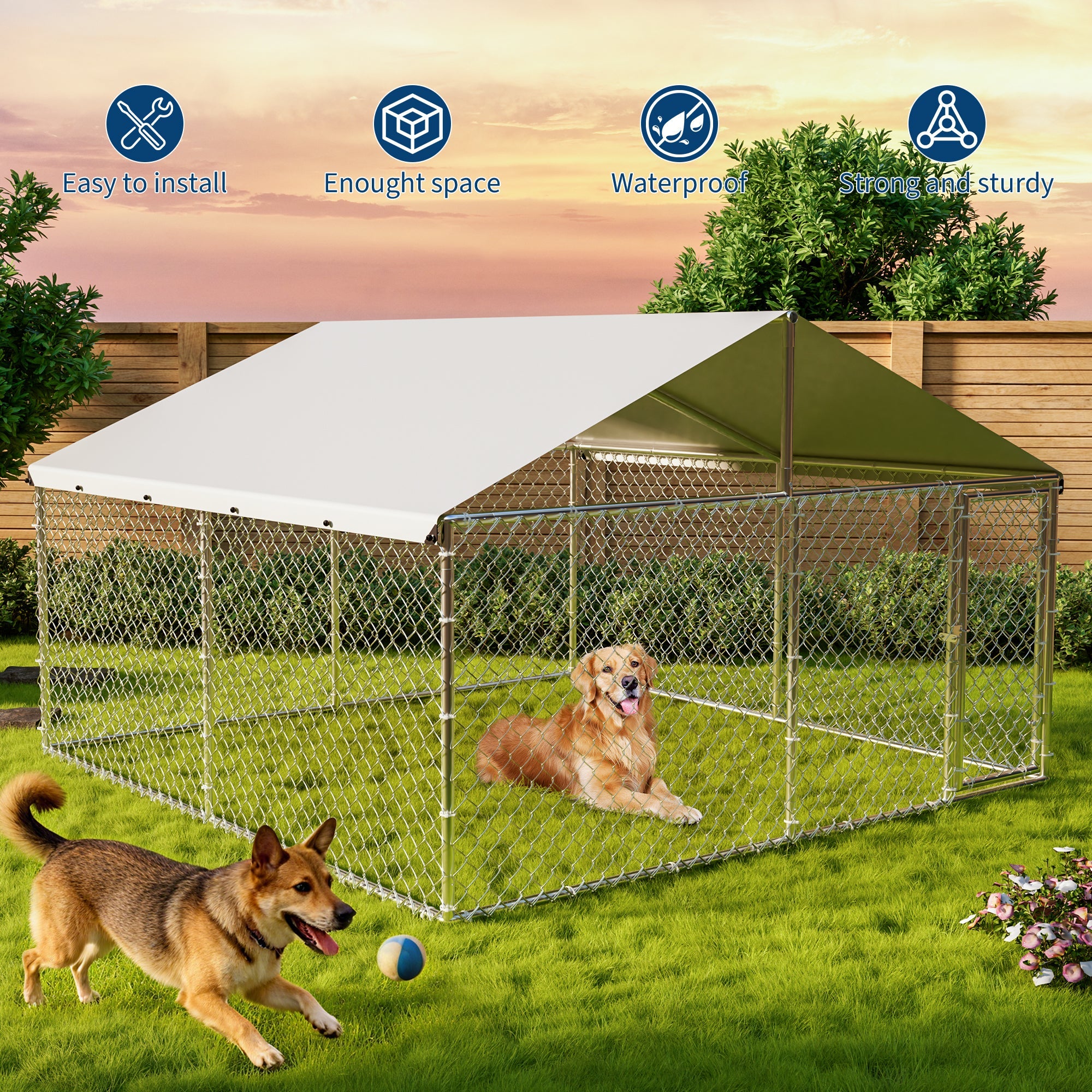 Garvee Large Outdoor Dog Kennel with Waterproof & UV-Resistant Cover, Galvanized Chain Link Dog Run, Heavy Duty Pet House Pet Playpen for Outside Backyard Farm Use, 10x10x6ft