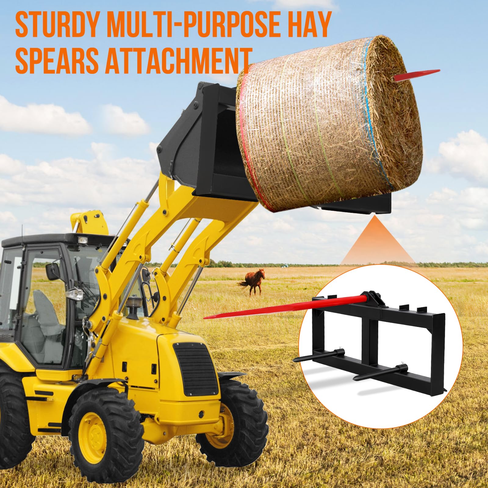 Garvee 49" Hay Spear Attachment, Bale Spears 3000lbs Loading Capacity, Quick Attach for Bobcat Tractors & Skid Steer Loader with 1pc 49" Red Hay Spear & 2pcs 17" Black Stabilizer Spears Spike Fork Tine