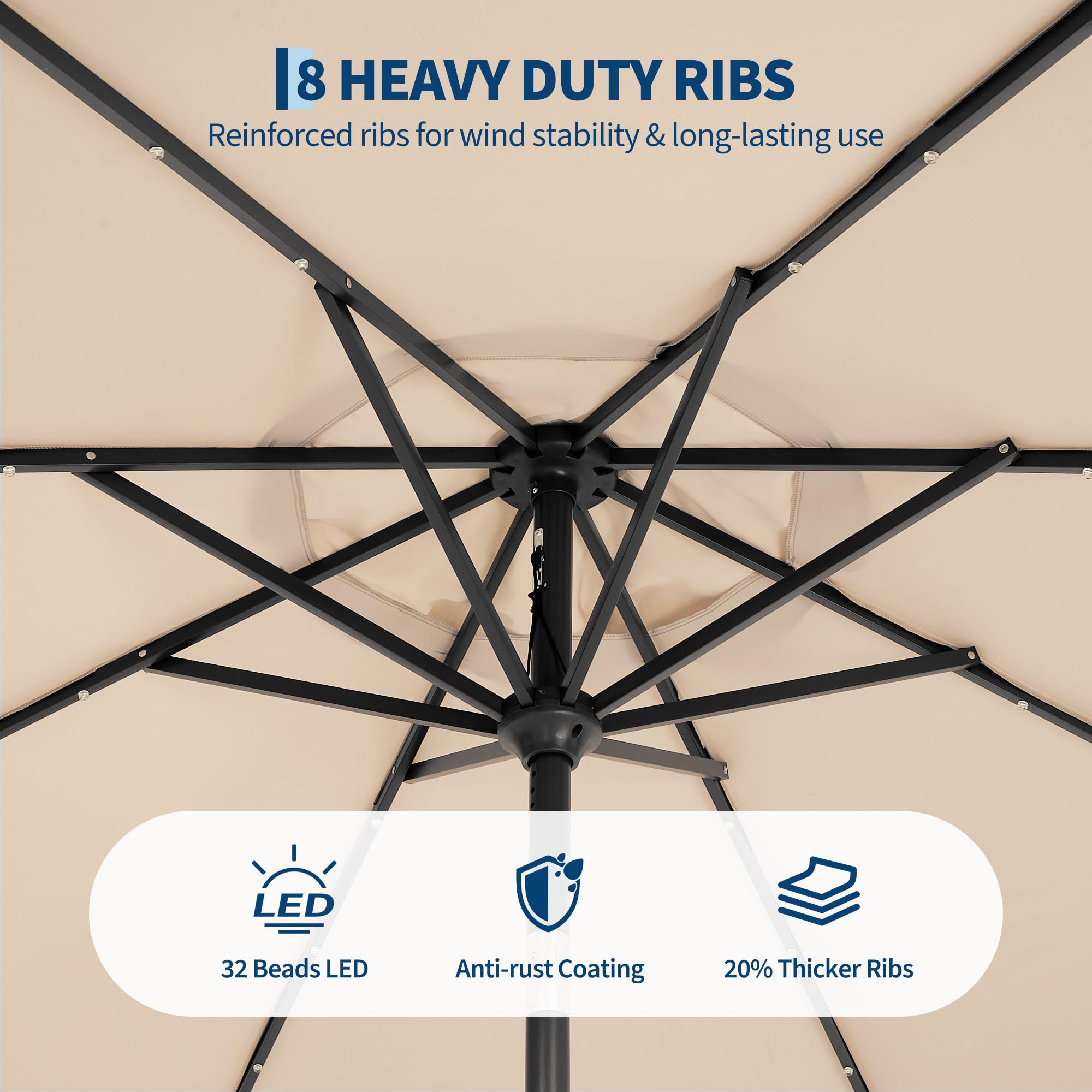 Garvee 9 FT Solar LED Patio Umbrella, Outdoor Market Table Umbrella with Tilt & Crank, 32 Lights, 8 Iron Ribs, UV Sun Shade for Garden, Deck & Pool, Beige
