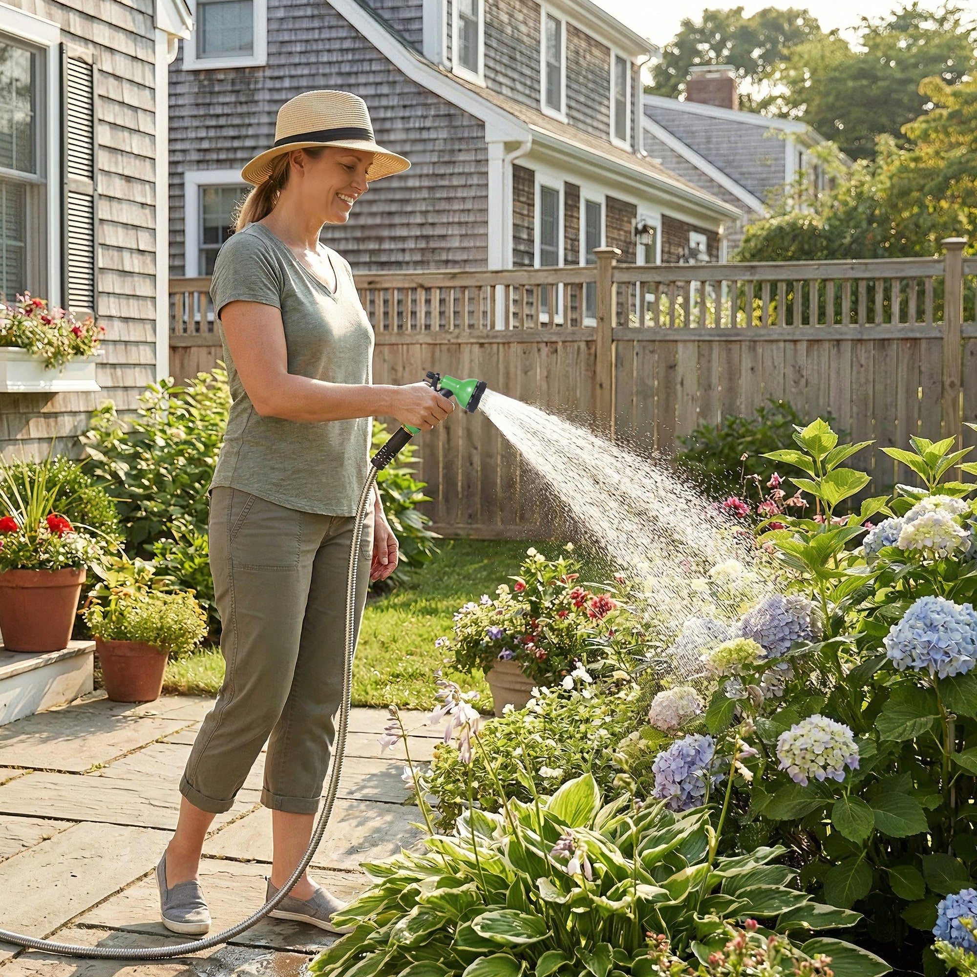 Garvee 50FT Heavy Duty Stainless Steel Garden Hose – Flexible, Kink-Free Metal Water Hose with 10-Function Nozzle, Leak-Proof, Rust-Proof, Lightweight, Sturdy Brass 3/4'' Connectors