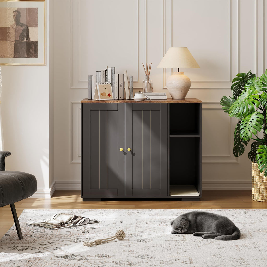 Garvee Extra Large Cat Litter Box Enclosure with Scratch Pad, Automatic Cleaning, Dog-Proof, Wood, Power Outlet, Spacious Storage, Home Use
