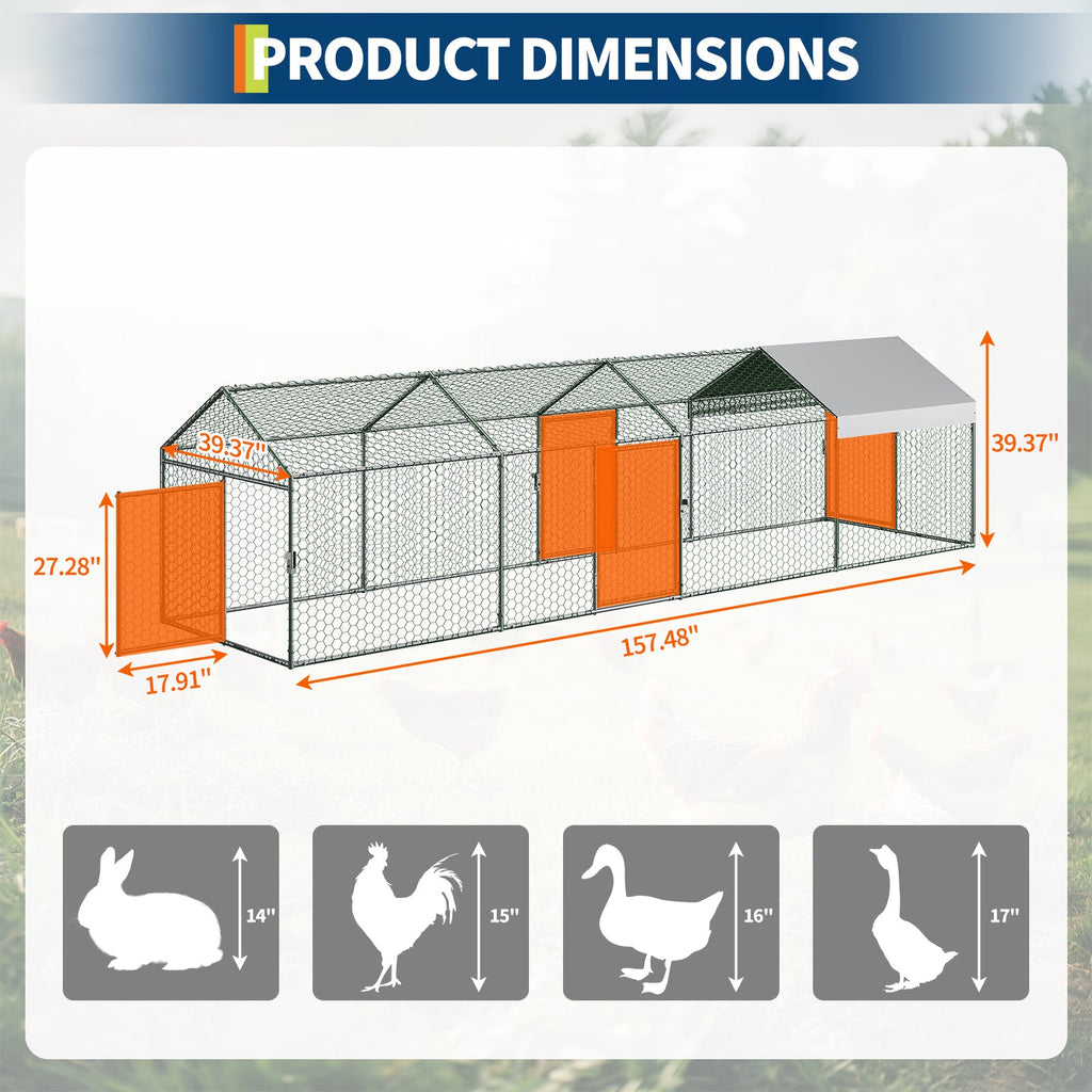 Garvee Large Metal Chicken Coop, Chicken Runs for Yard with Waterproof and Anti-UV Cover, Portable chicken coop for Outdoor Chicken Rabbit Duck, Silver, 160"×40"×40"