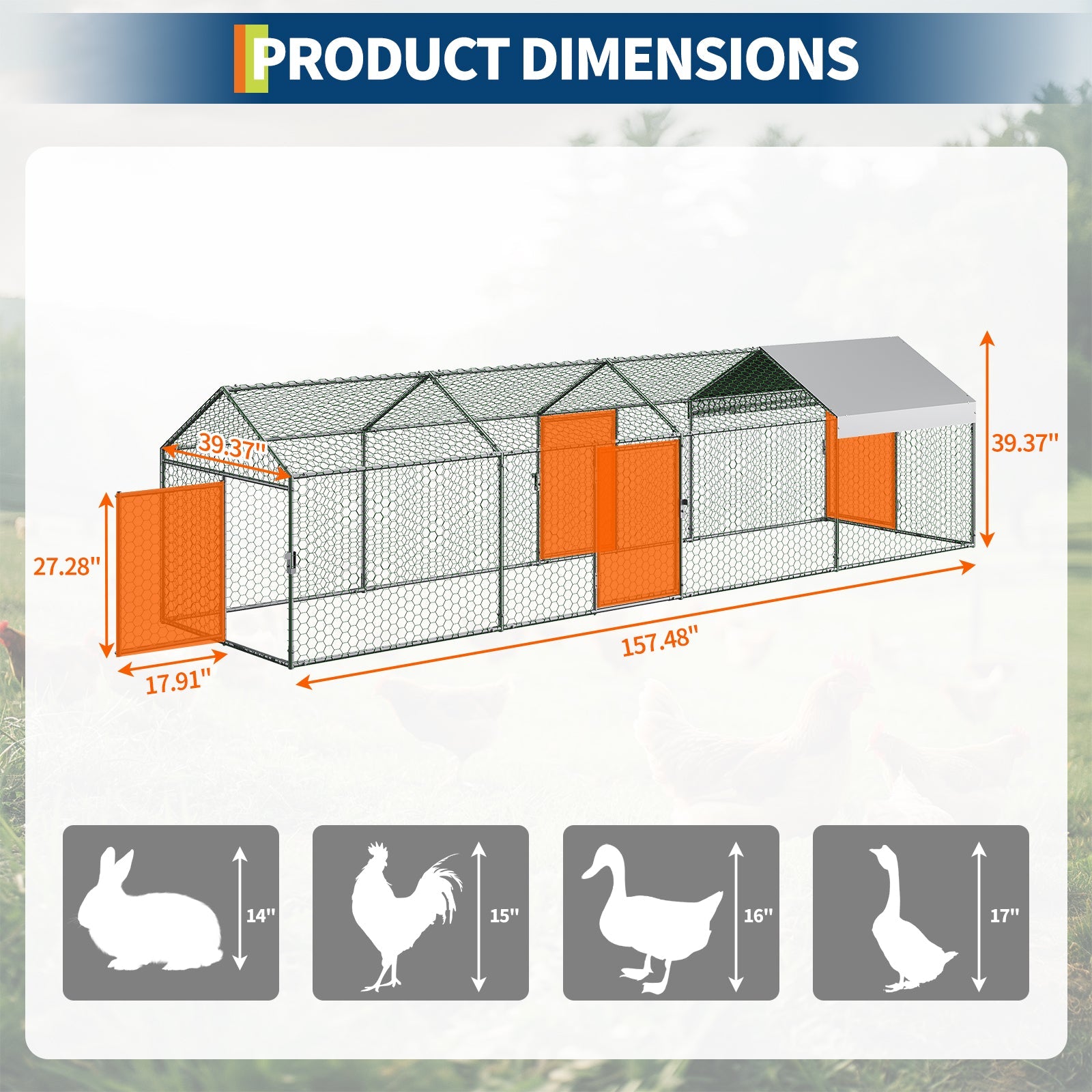 Garvee Large Metal Chicken Coop, Chicken Runs for Yard with Waterproof and Anti-UV Cover, Portable chicken coop for Outdoor Chicken Rabbit Duck, Silver, 160"×40"×40"