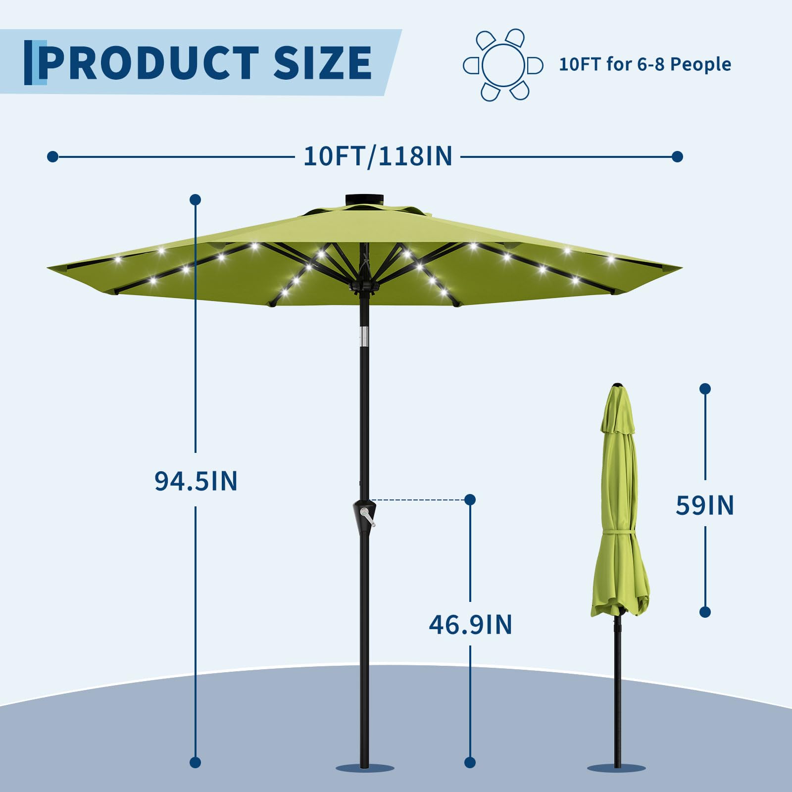 Garvee 10 ft Solar Patio Umbrella with 32 LED Lights, Outdoor Market Umbrella with Crank Lift & Tilt, UV-Resistant Canopy for Pool, Garden & Backyard, Apple Green