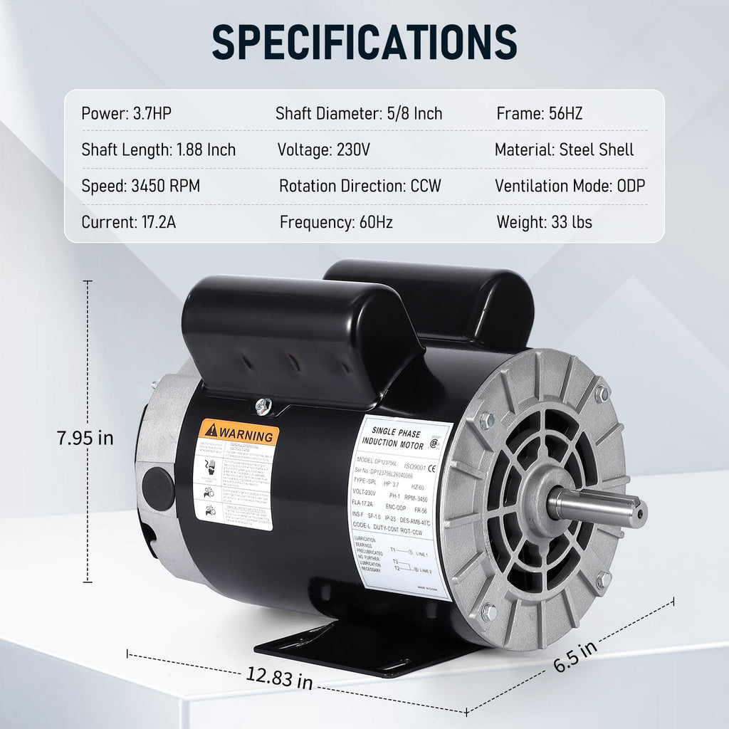 Garvee 3.7HP SPL Air Compressor Electric Motor, 56 Frame 230V 3450 RPM 5/8" Keyed Shaft, 18 Amps 60 Hz Dual CW/CCW Rotation – 1.88" Shaft Length