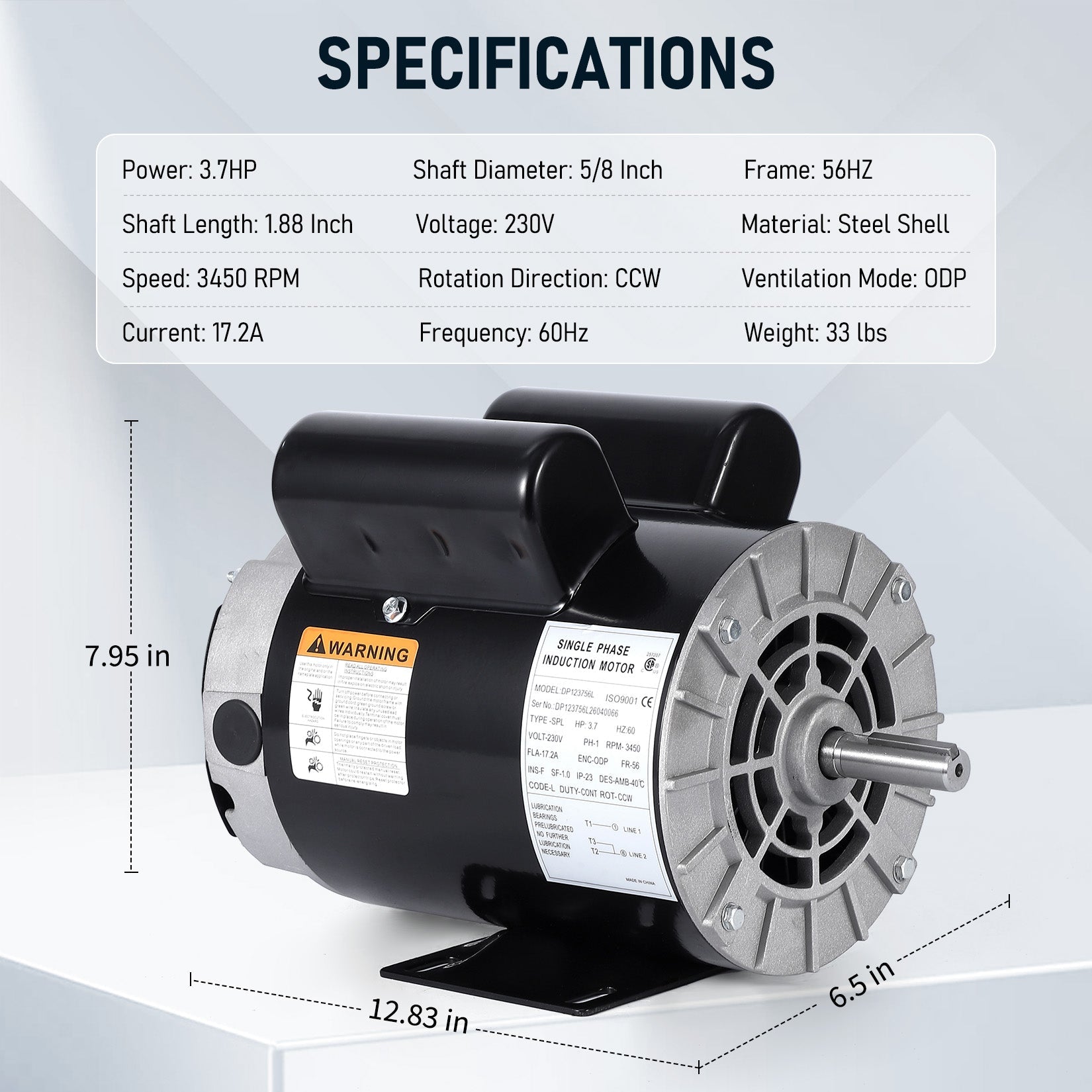 Garvee 3.7HP SPL Air Compressor Electric Motor, 56 Frame 230V 3450 RPM 5/8" Keyed Shaft, 18 Amps 60 Hz Dual CW/CCW Rotation – 1.88" Shaft Length