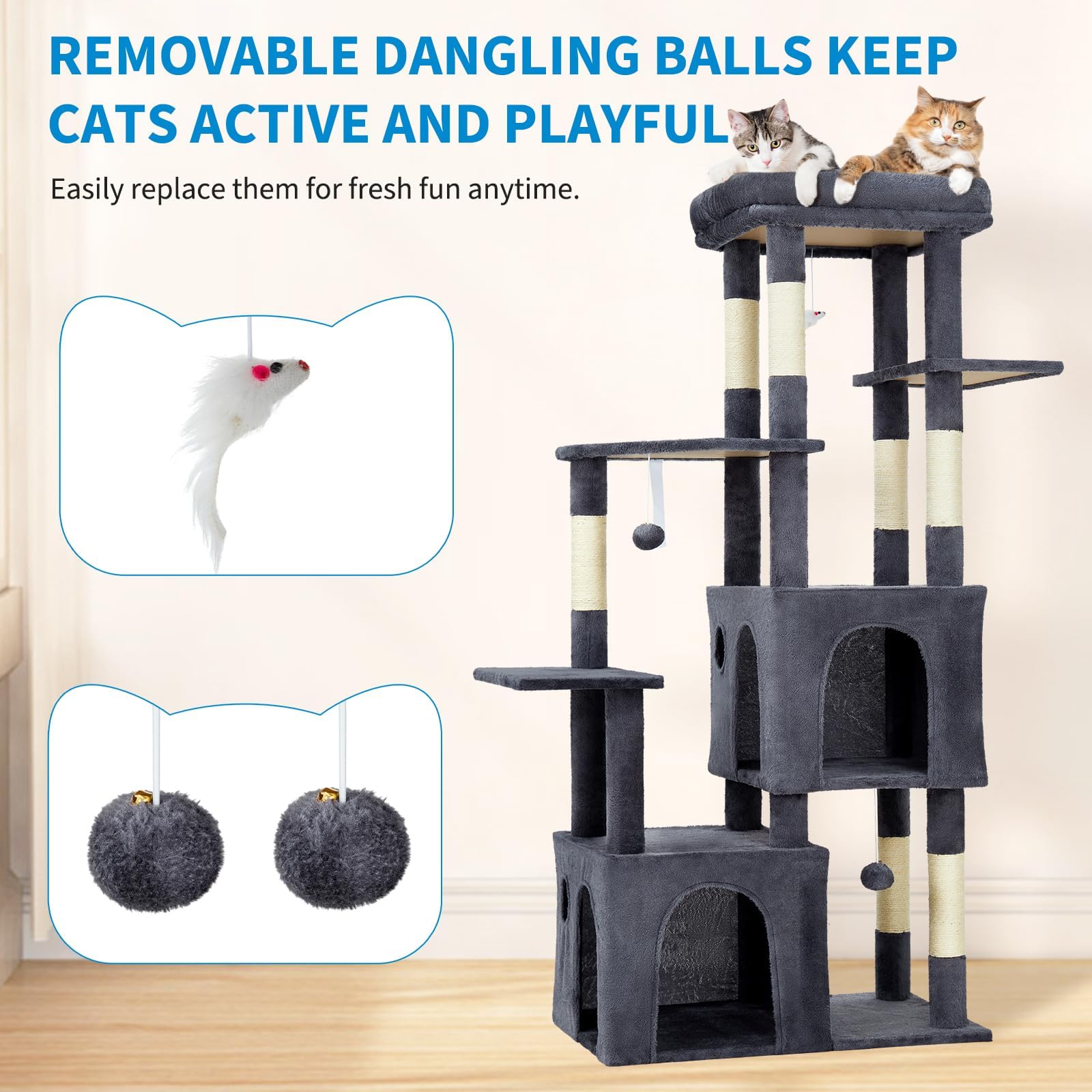 Garvee 61" Multi-Level Cat Tree for Indoor Cats, Heavy-Duty Tower for Large Adult & Maine Coon Cats with Oversized Perch, Dual Condos, Natural Sisal Scratching Posts & Play Toys – Dark Gray