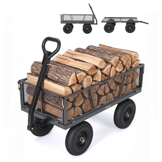 Garvee 1200 lb Heavy-Duty Steel Garden Cart, All-Terrain Utility Wagon with 13" Pneumatic Tires, Removable Mesh Sides, 180° Rotating Handle & Flatbed Design for Lawn, Yard, Farm, Landscaping, Gray