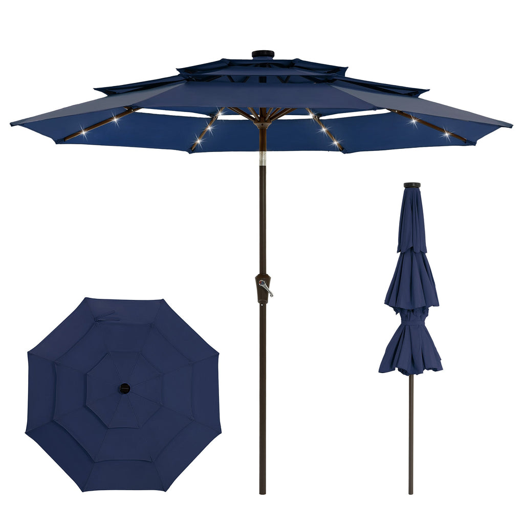 Garvee 9FT 3-Tier Solar LED Patio Umbrella, UV-Resistant Outdoor Market Umbrella with Crank & Tilt, 24 LED Lights & 8 Ribs, Navy Blue