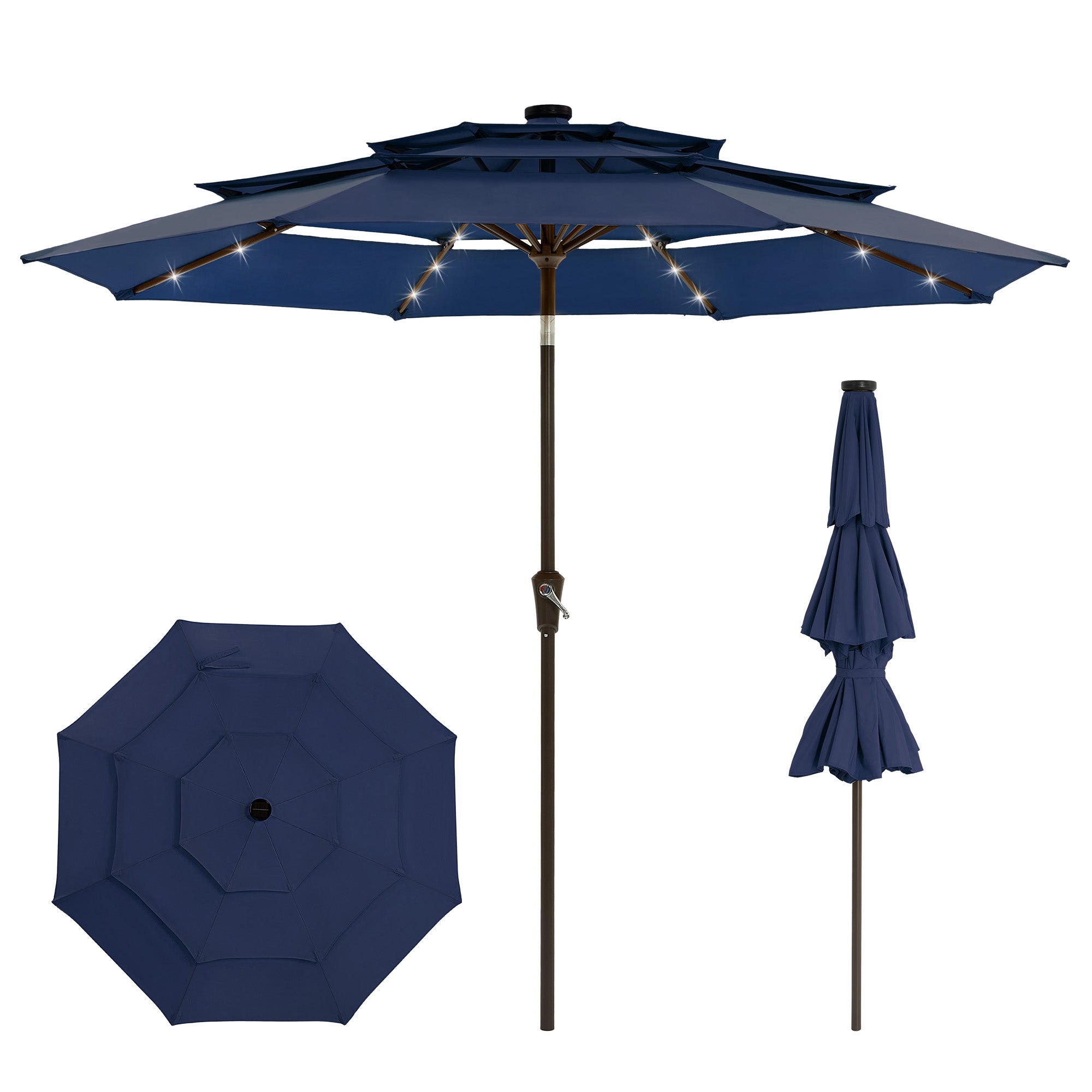 Garvee 9FT 3-Tier Solar LED Patio Umbrella, UV-Resistant Outdoor Market Umbrella with Crank & Tilt, 24 LED Lights & 8 Ribs, Navy Blue