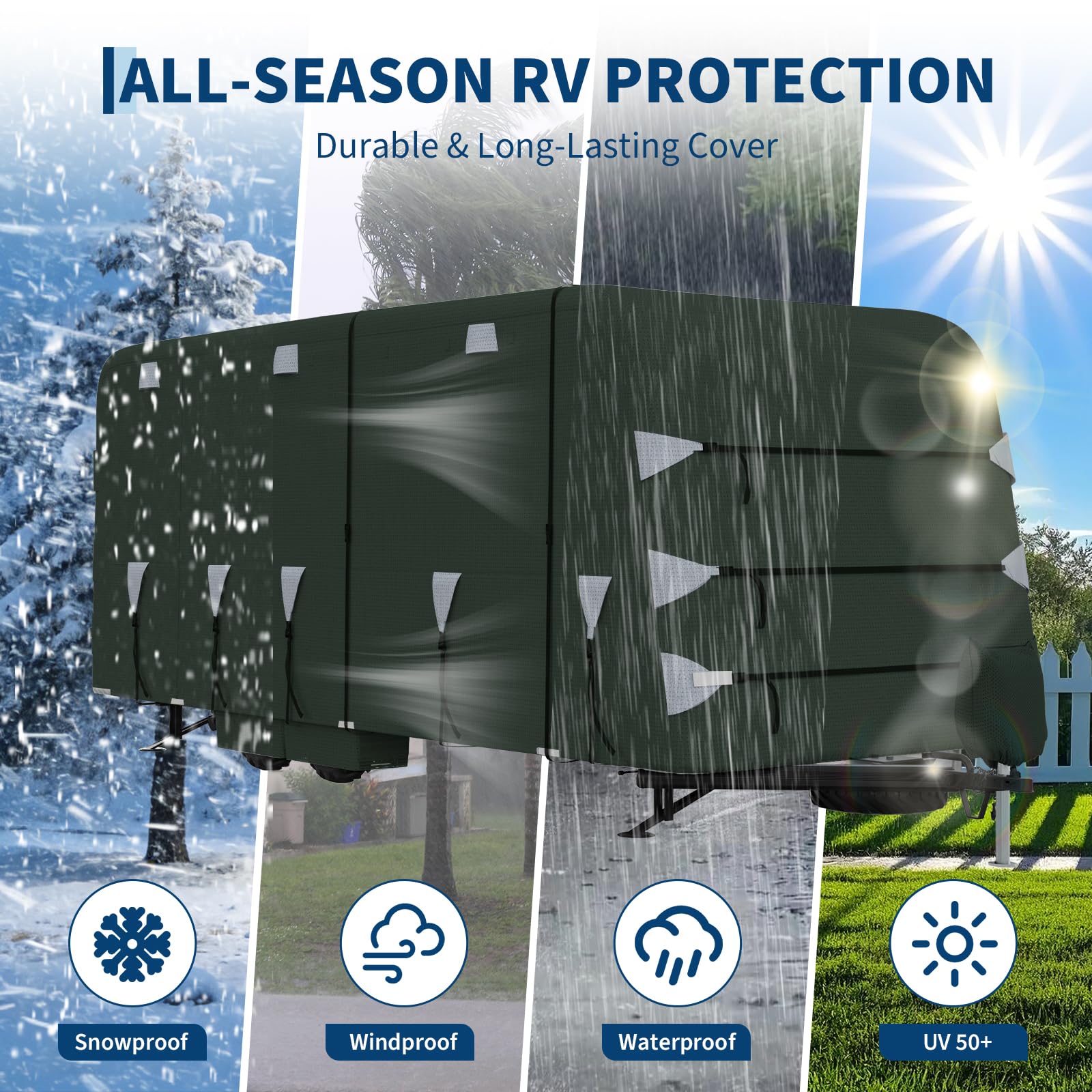 Garvee 18-20FT Heavy-Duty Travel Trailer Cover, 4-Layer Oxford Waterproof, Breathable, UV-Resistant, and Tear-Resistant RV Storage Cover with Windproof Straps and 6 Zipper Panels, Green