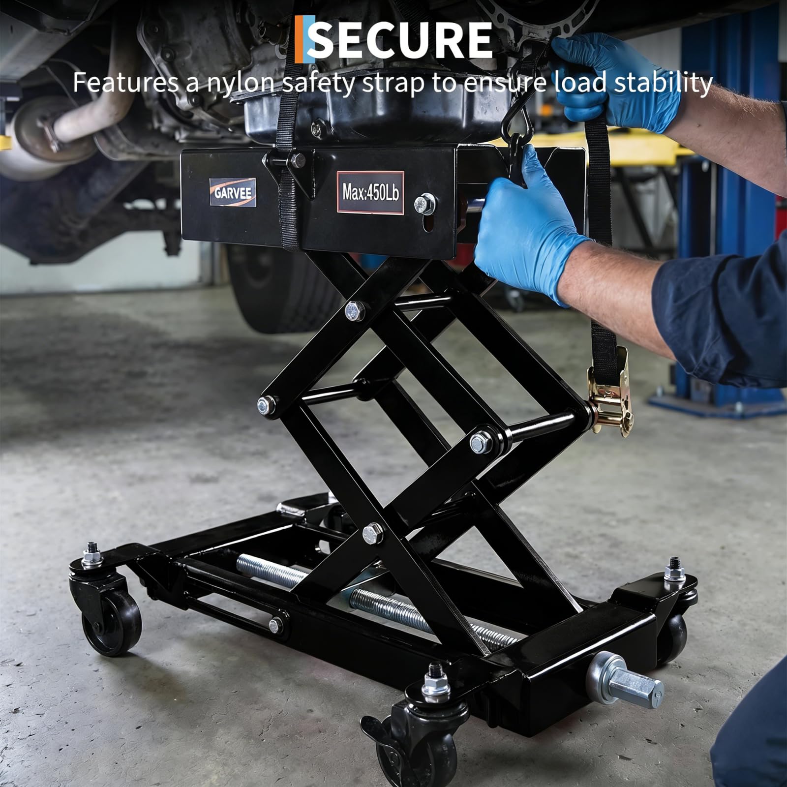 Garvee 450 lbs Transmission Jack - Low-Profile 7"-23" Lift, Heavy-Duty Steel Design with Safety Straps and 4 Swivel Wheels for Garage Use, Black