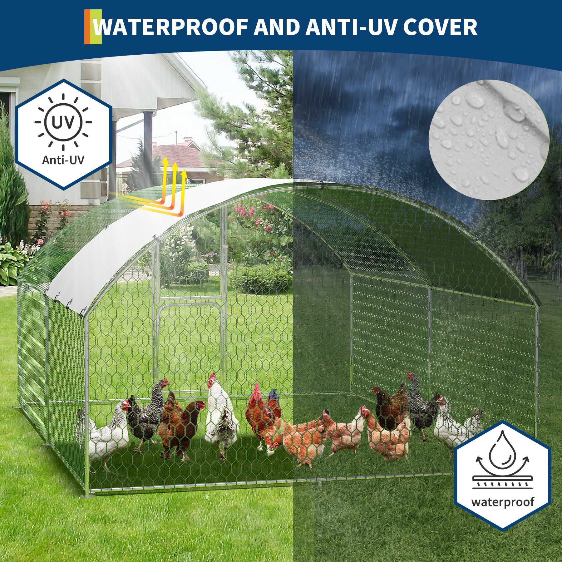 Garvee Heavy Duty Large Metal Chicken Coop - Walk-In Poultry Cage with Dome Roof, Secure Lock, Double Doors, Waterproof & UV-Resistant Cover - Outdoor Hen House, Size: 9.8' W x 13.1' D x 6.6' H