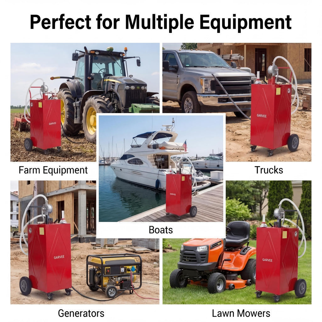 Garvee 30 Gallon Heavy Duty Steel Fuel Caddy with Manual Rotary Pump - All-Terrain 4-Wheel Portable Gas & Fuel Injector Transfer Tank - Leak-Proof Mobile Storage for Trucks, Boats, ATVs, Lawn Mowers, Farm Equipment - Reinforced 4-Wheeler, Red - Li Junjie