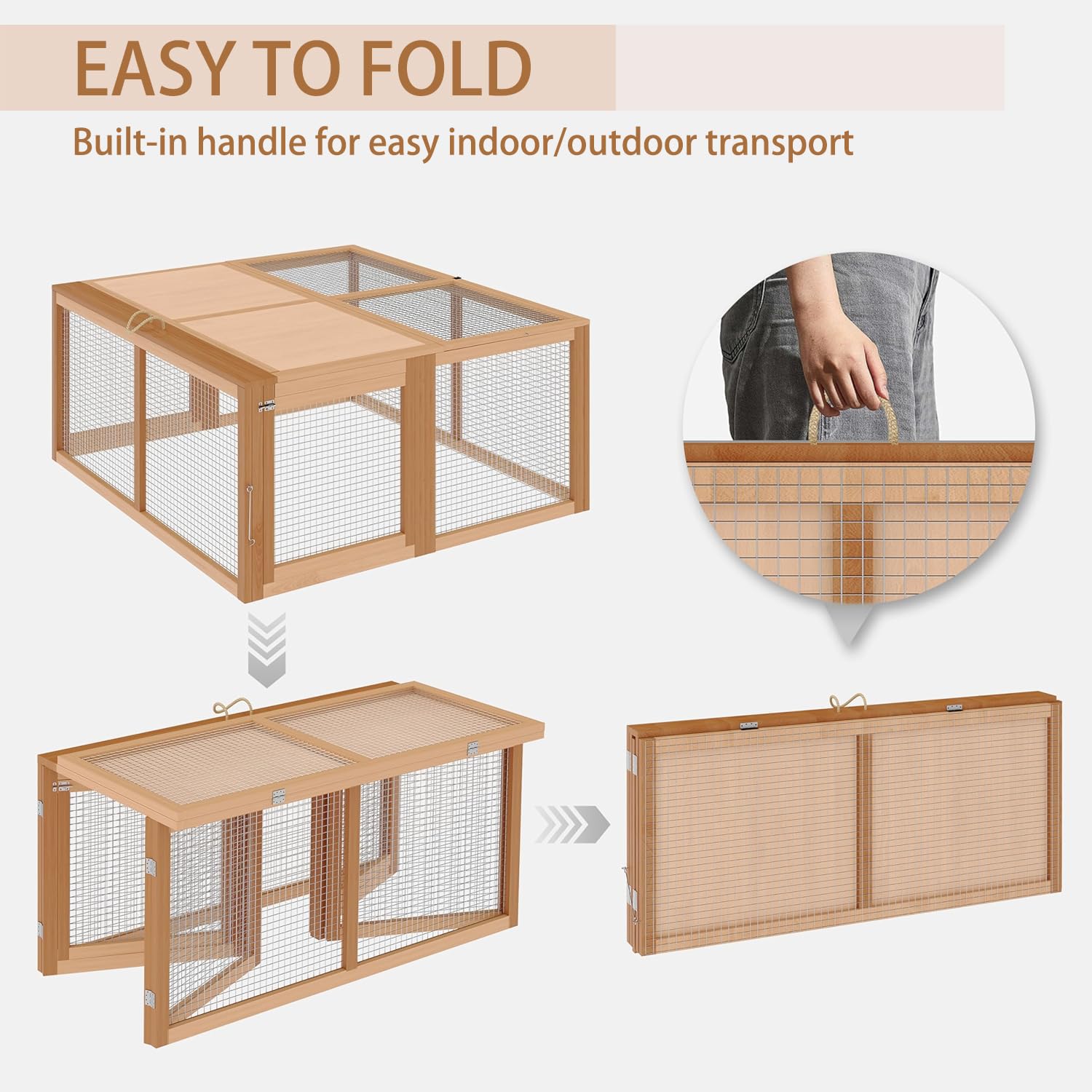 Garvee Portable Folding Wooden Small Animal Cage – No-Assembly Collapsible Hutch for Chickens, Rabbits, Ducks, Guinea Pigs – Sturdy Pine Frame, Easy Access – Secure, Ventilated Outdoor/Indoor Enclosure – Wood Color-1