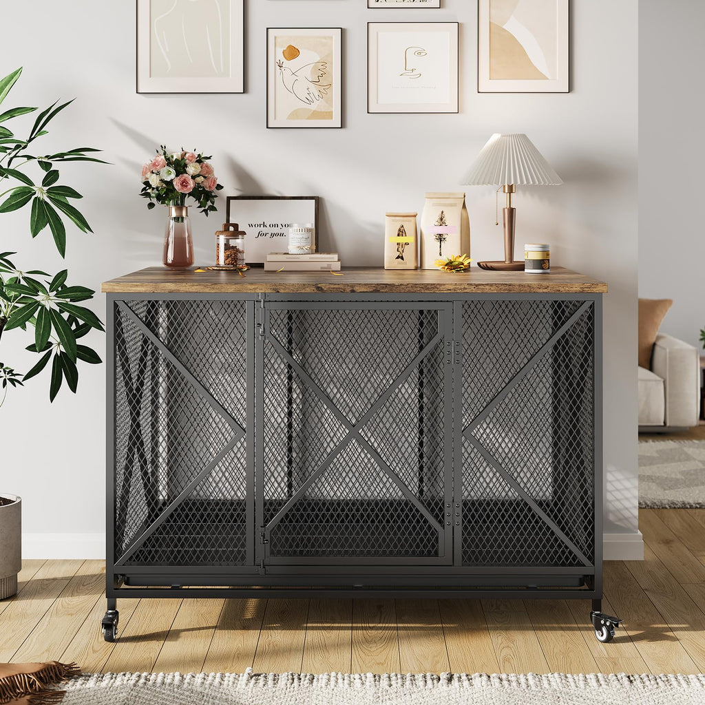 Garvee 48" Heavy Duty Dog Crate Furniture with Wheels, Flip Top Dog Kennel End Table with Removable Tray, Multi-Functional Indoor Pet Cage for Small to Large Pets, Black