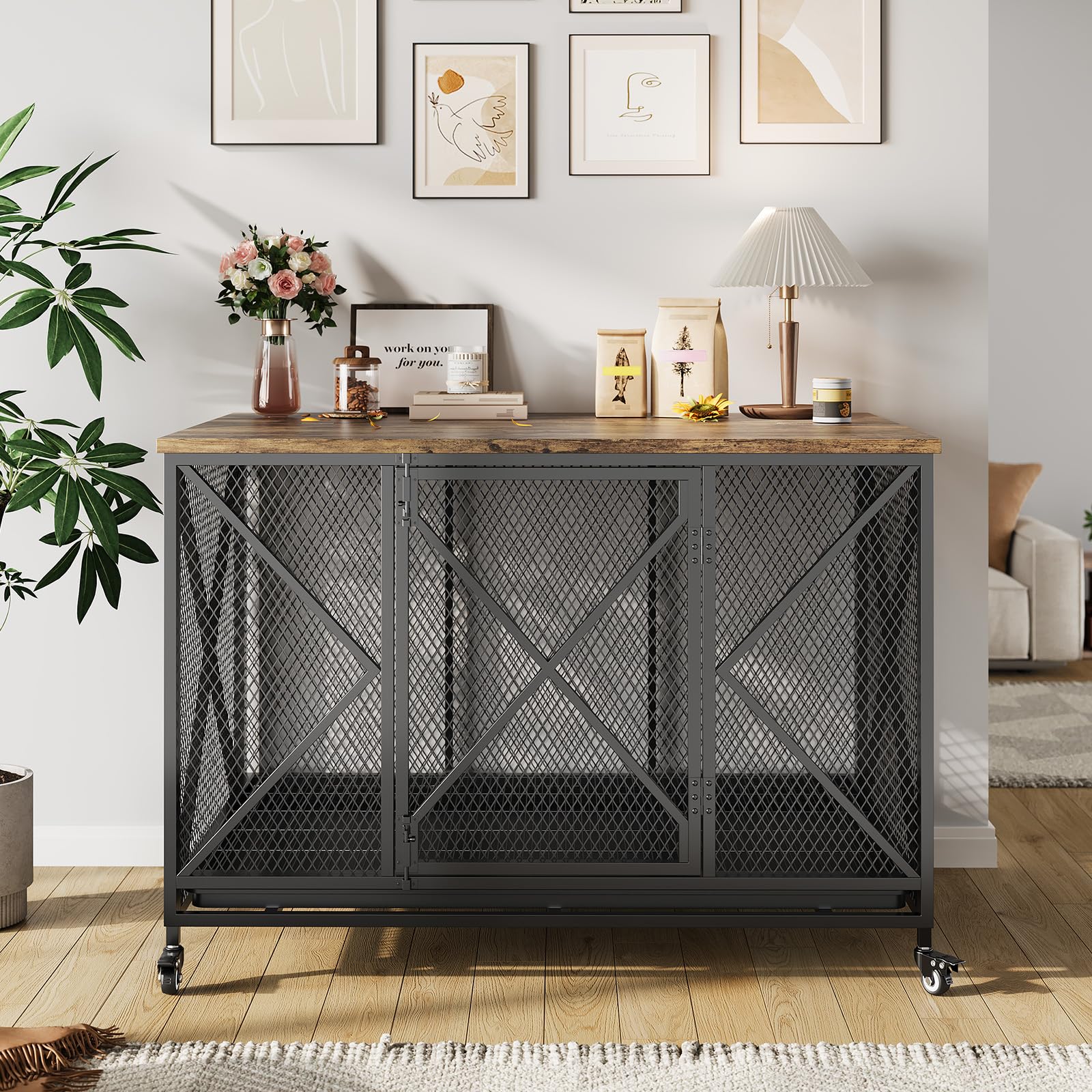 Garvee 48" Heavy Duty Dog Crate Furniture with Wheels, Flip Top Dog Kennel End Table with Removable Tray, Multi-Functional Indoor Pet Cage for Small to Large Pets, Black