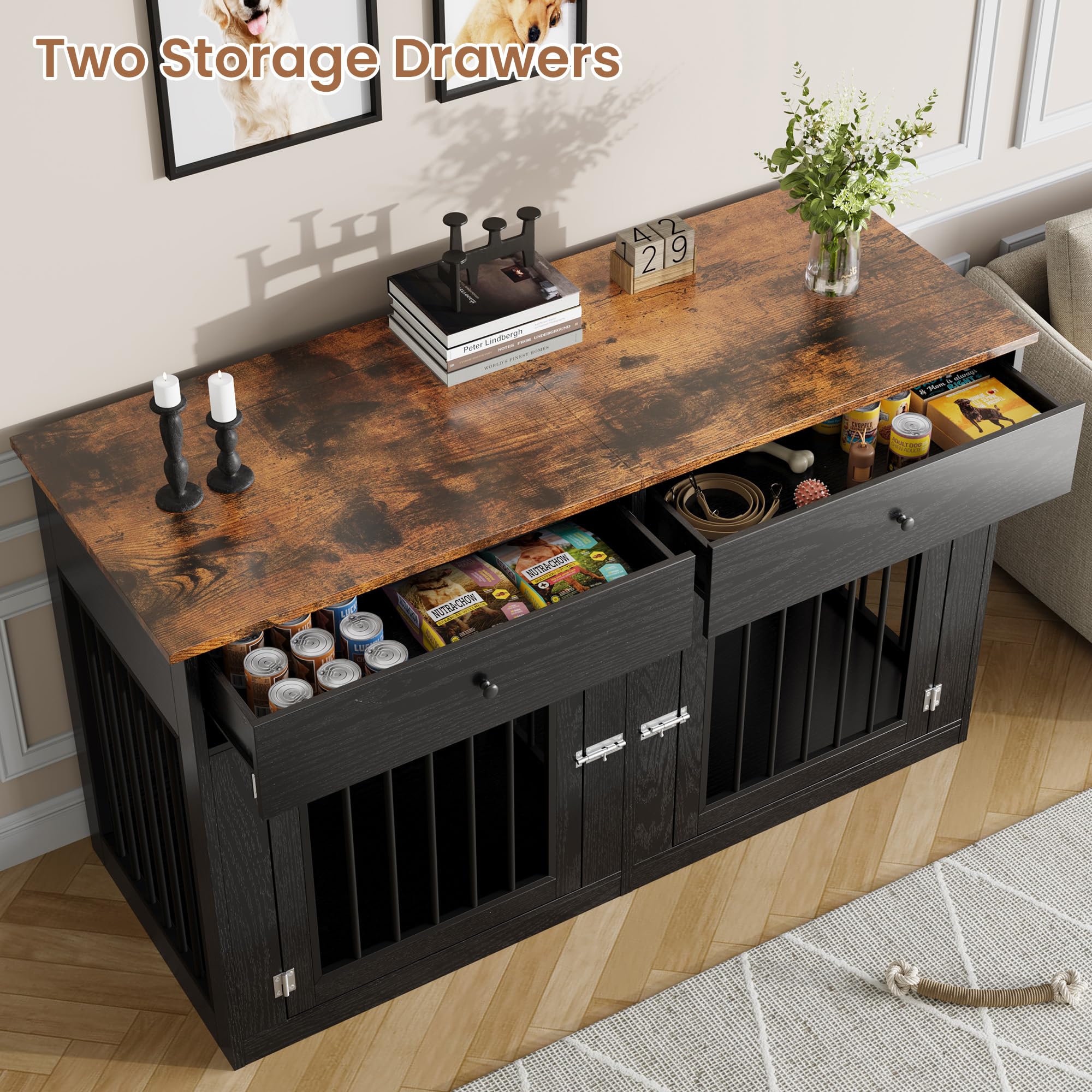 Garvee 60" Dog Crate Furniture for 2 Dogs, Heavy Duty Dog Kennel Furniture TV Stand with 2 Drawers, Dog Crates for Small Medium Dogs, Dog Cage End Table for Indoor Use, Black