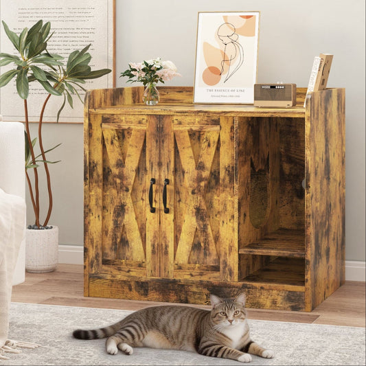 Garvee Cat Litter Box Enclosure, Hidden Litter Box Furniture with Divider, Indoor Cat House, Wooden Cat Washroom Storage Cabinet Bench, Side End Table Nightstand, 33.07"L × 23.62"W × 23.92"H, Rustic Brown