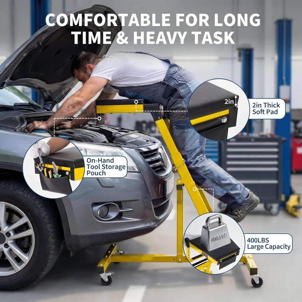 Garvee Topside Automotive Creeper for Trucks & Jeeps, Adjustable 49-76" Height, Heavy Duty 400 lbs Steel, Foldable with Tool Pouch, Lockable Casters, Garage Use, Yellow
