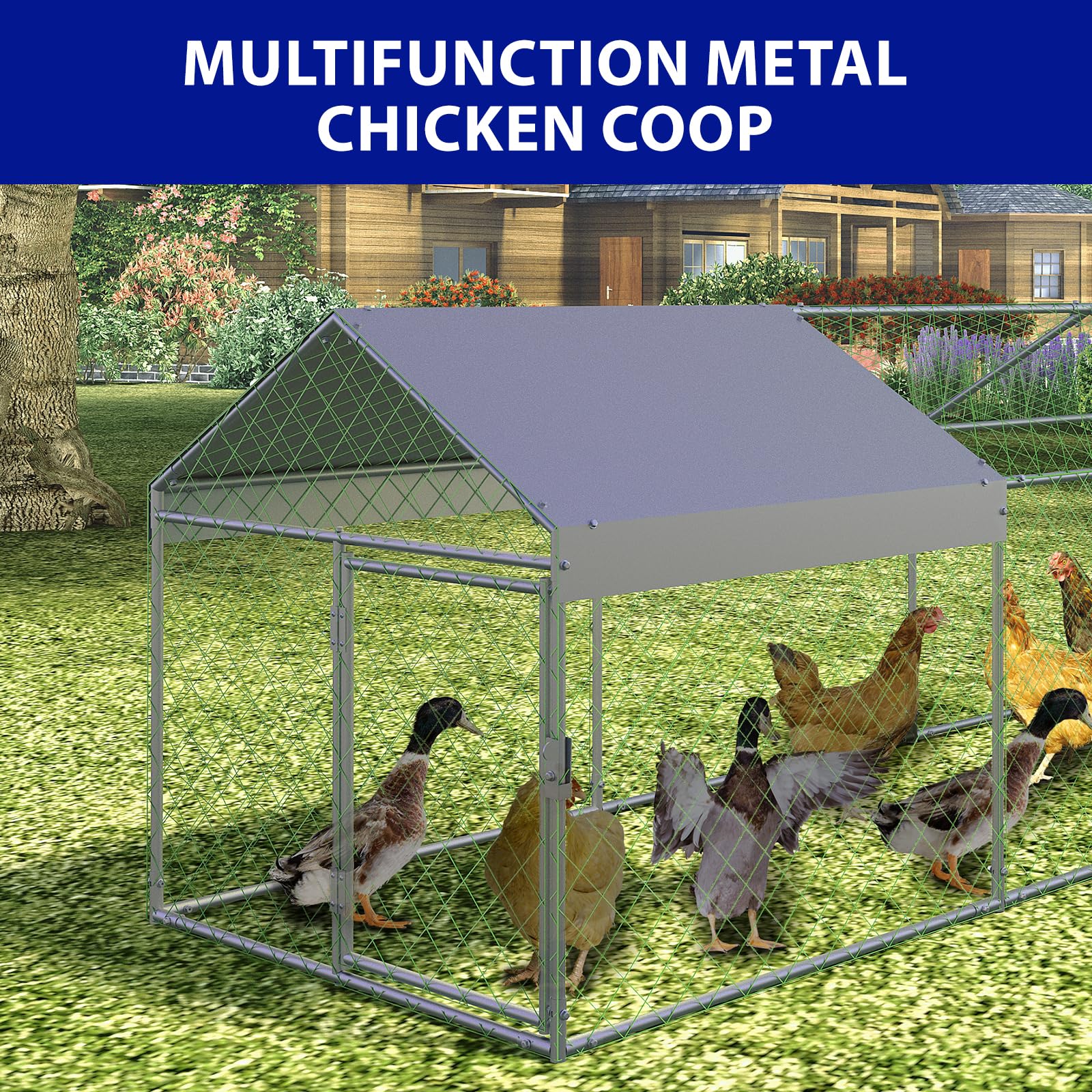 Garvee 118" x 39" Large Metal Chicken Coop with Outdoor Run - Galvanized Steel Poultry Cage with Waterproof Weather Cover & 2 Easy-Access Doors for Backyard Chickens, Ducks, & Rabbits (Silver)