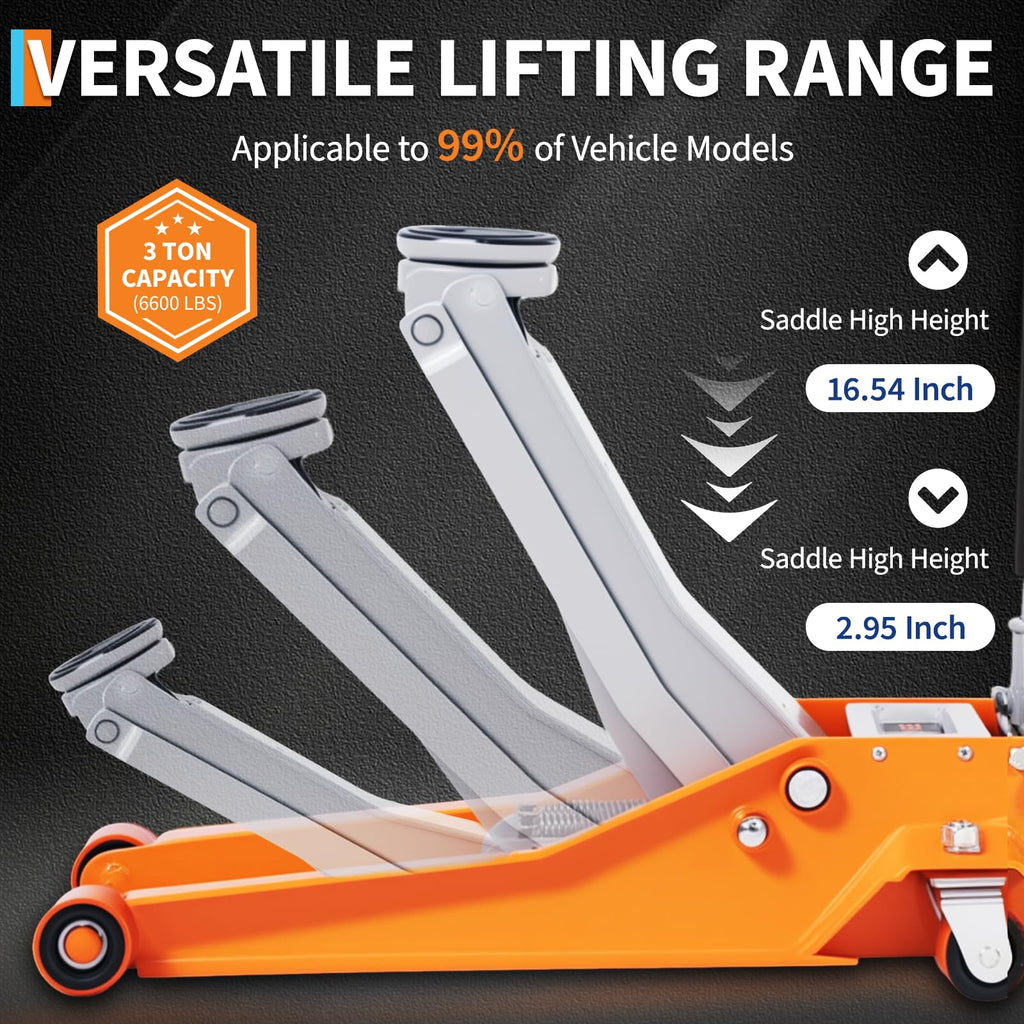 Garvee 3 Ton (6000 lbs) Low-Profile Hydraulic Racing Floor Jack - Dual Piston Quick Lift Pump, Heavy-Duty Steel, 2.95"-16.54" Lifting Range for Car, SUV, Truck, Garage, Orange