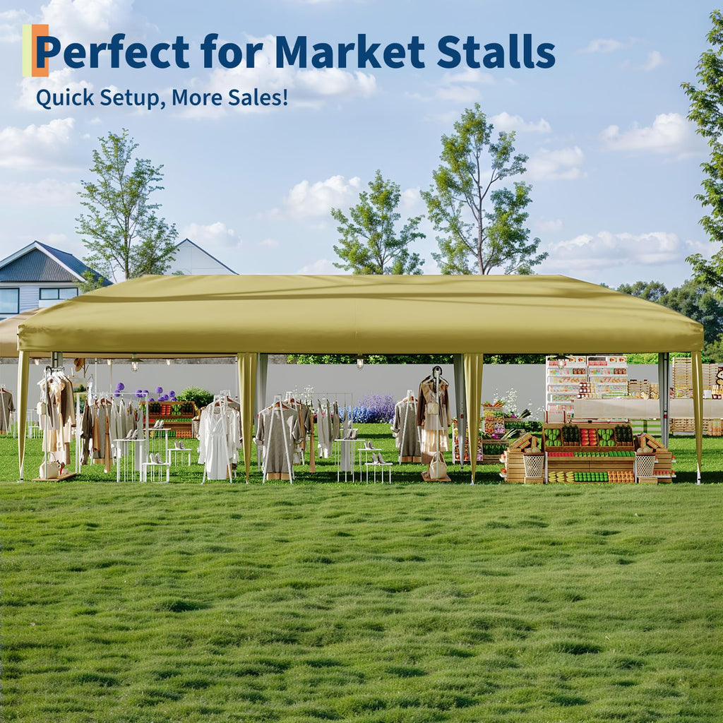 Garvee 10 x 30 FT Pop Up Canopy Tent with 8 Sidewalls, UV 50+ 210D Oxford Top, 8 Sandbags & Wheeled Bag for Weddings and Parties, Khaki
