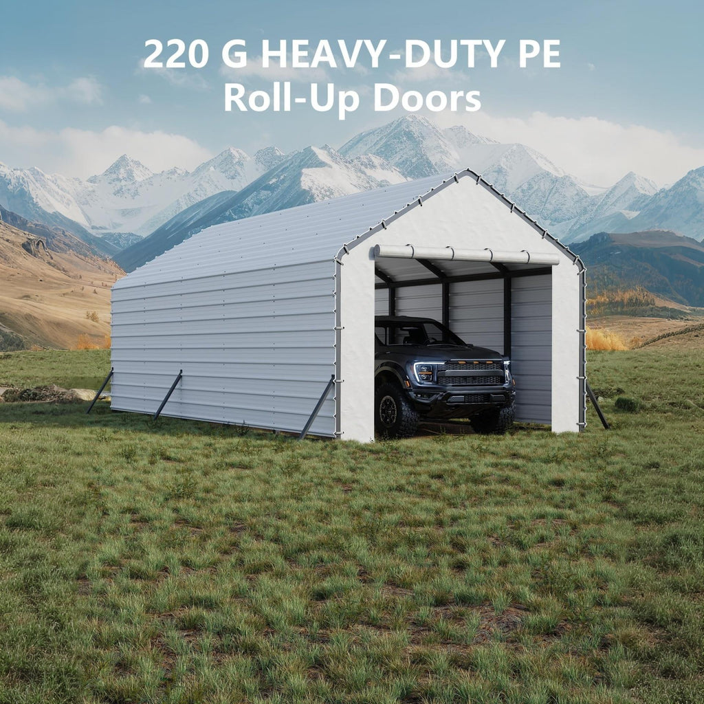 Garvee Carport Replacement Door Panel, 13 FT Wide 220 GSM Polyethylene Tarp with Zippered Door, 110° Roof Angle, UV-Resistant White End Panel for Metal Carports