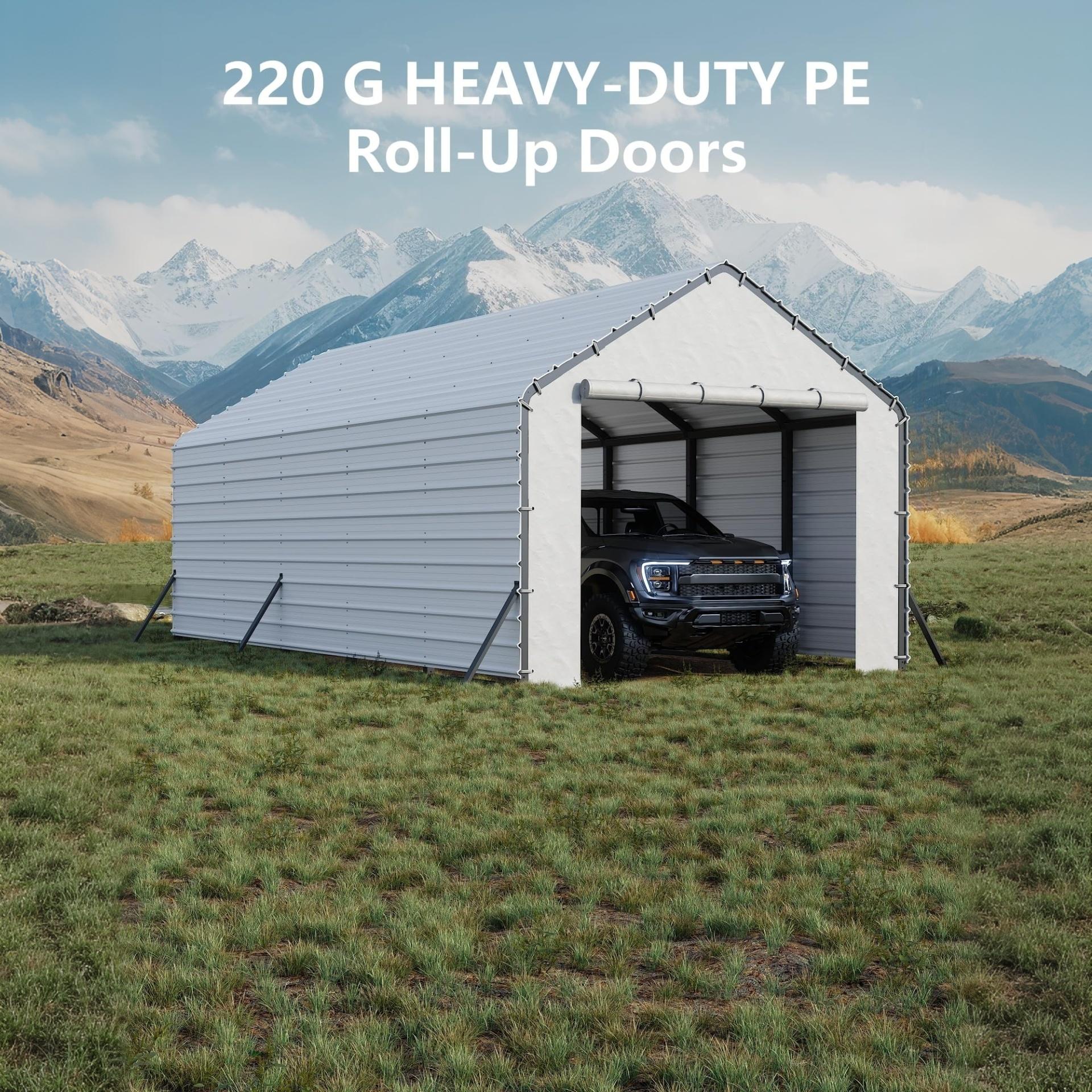 Garvee Carport Replacement Door Panel, 13 FT Wide 220 GSM Polyethylene Tarp with Zippered Door, 110° Roof Angle, UV-Resistant White End Panel for Metal Carports