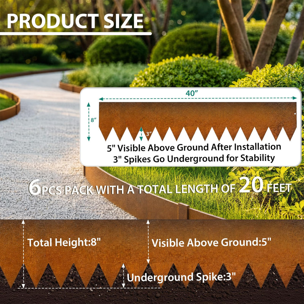 Garvee 20' Cor-Ten Steel Landscape Edging, 6-Pack 40" × 8" Hammer-In Flexible Metal Garden Border Kit with Clips & Gloves for Lawn, Path & Flower Bed, Rust