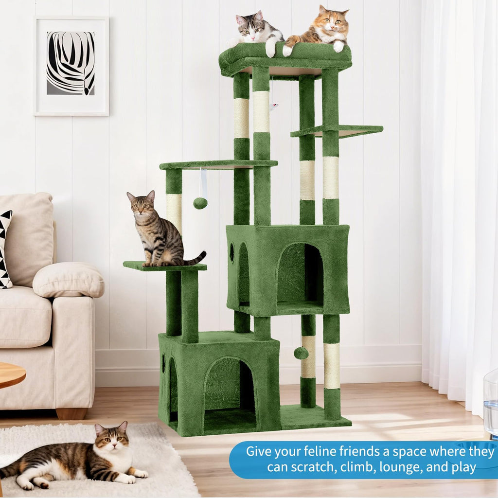 Garvee 61" Multi-Level Cat Tree for Indoor Cats, Heavy-Duty Tower for Large Adult & Maine Coon Cats with Oversized Perch, Dual Condos, Natural Sisal Scratching Posts & Play Toys – Green