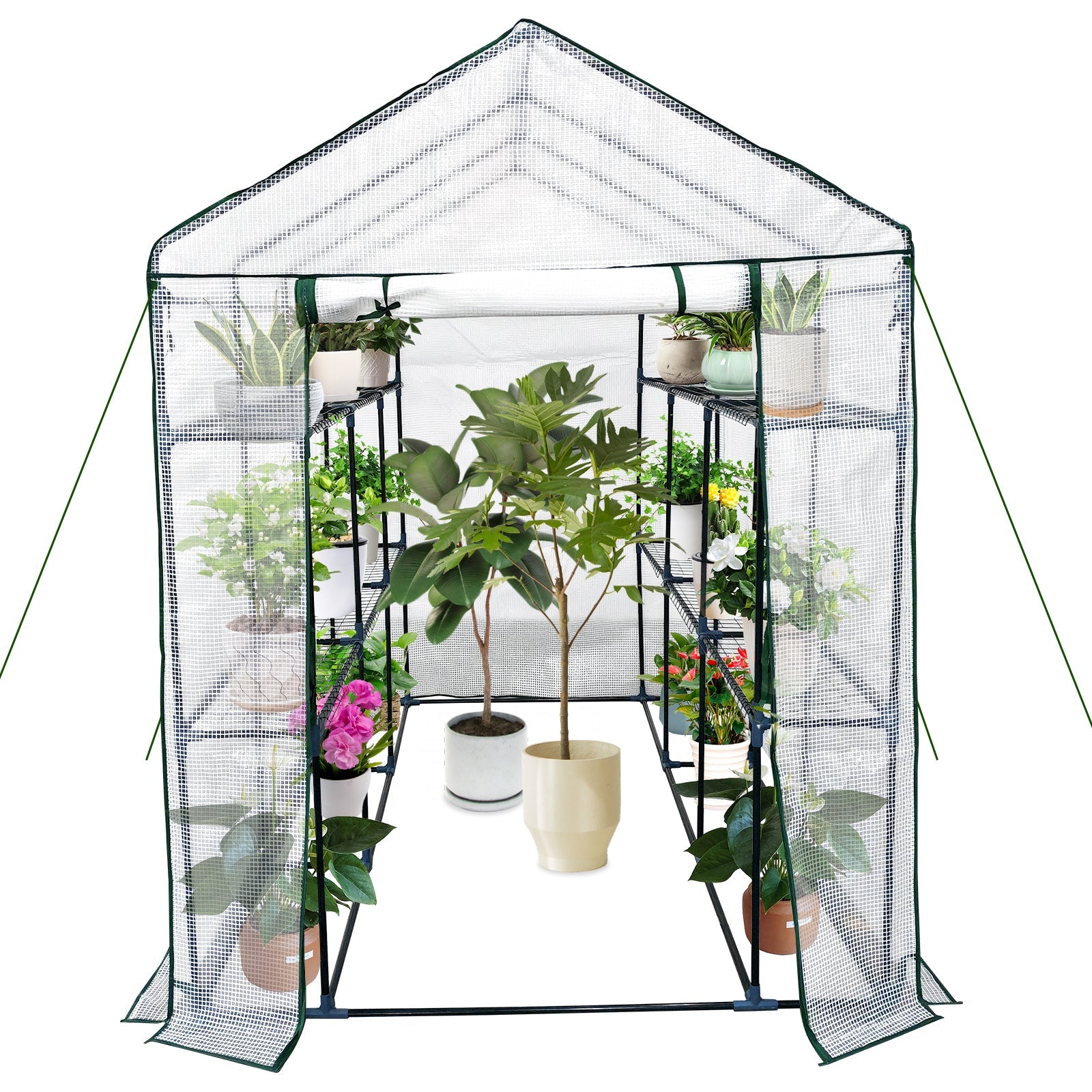 Garvee Large Walk-In Outdoor Greenhouse – 9 Shelves, Heavy-Duty Steel Frame, Roll-Up Zippered Door, Anchors & Ropes, Portable Plant House – Perfect for Garden, Patio, Backyard – White, 143×215×195cm
