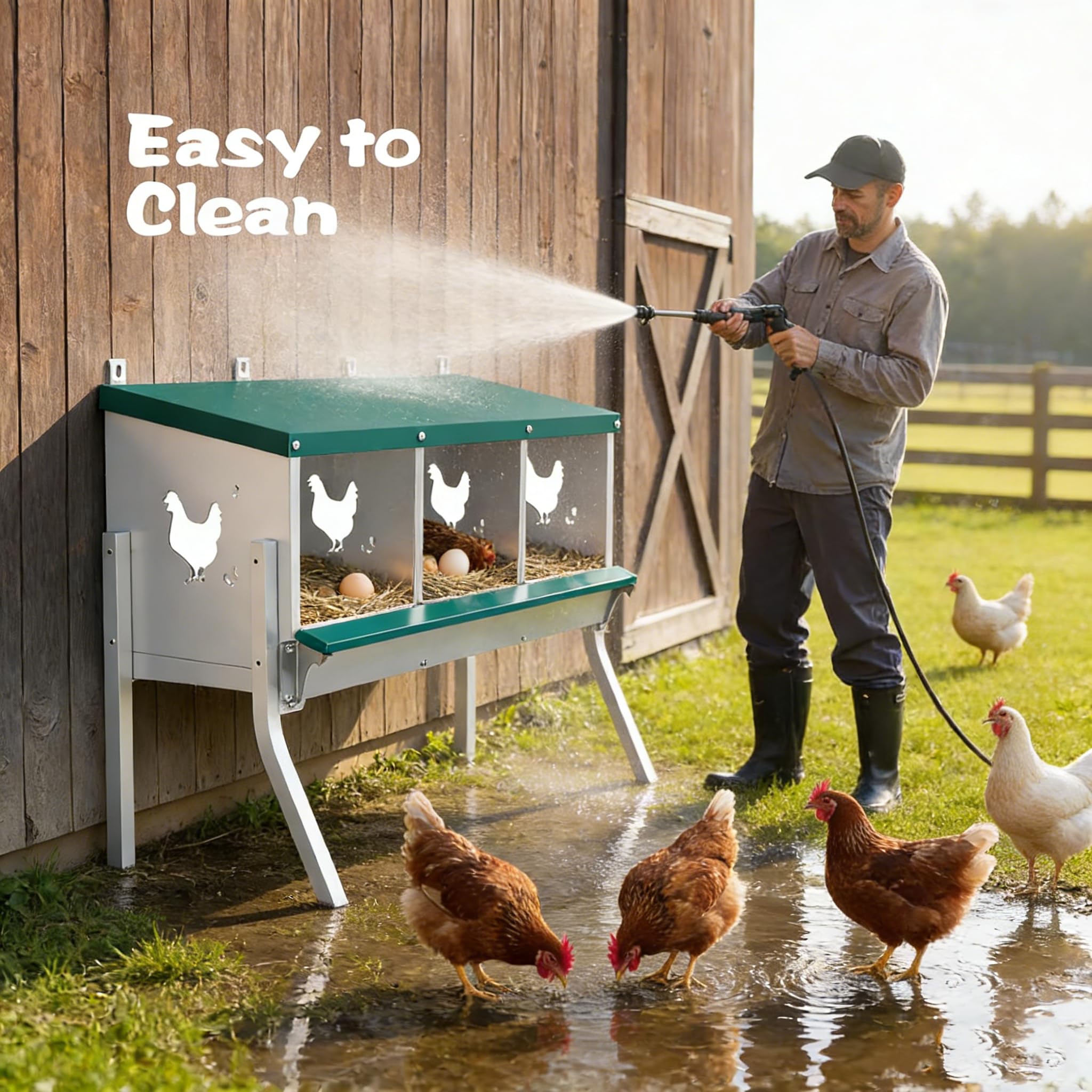 Garvee Stainless Steel Chicken Nesting Box with 3 Compartments, Roll-Away Egg Collection, Weather Resistant, Moisture Pads, Wall Mounted or Free-Standing, Outdoor Poultry Shelter