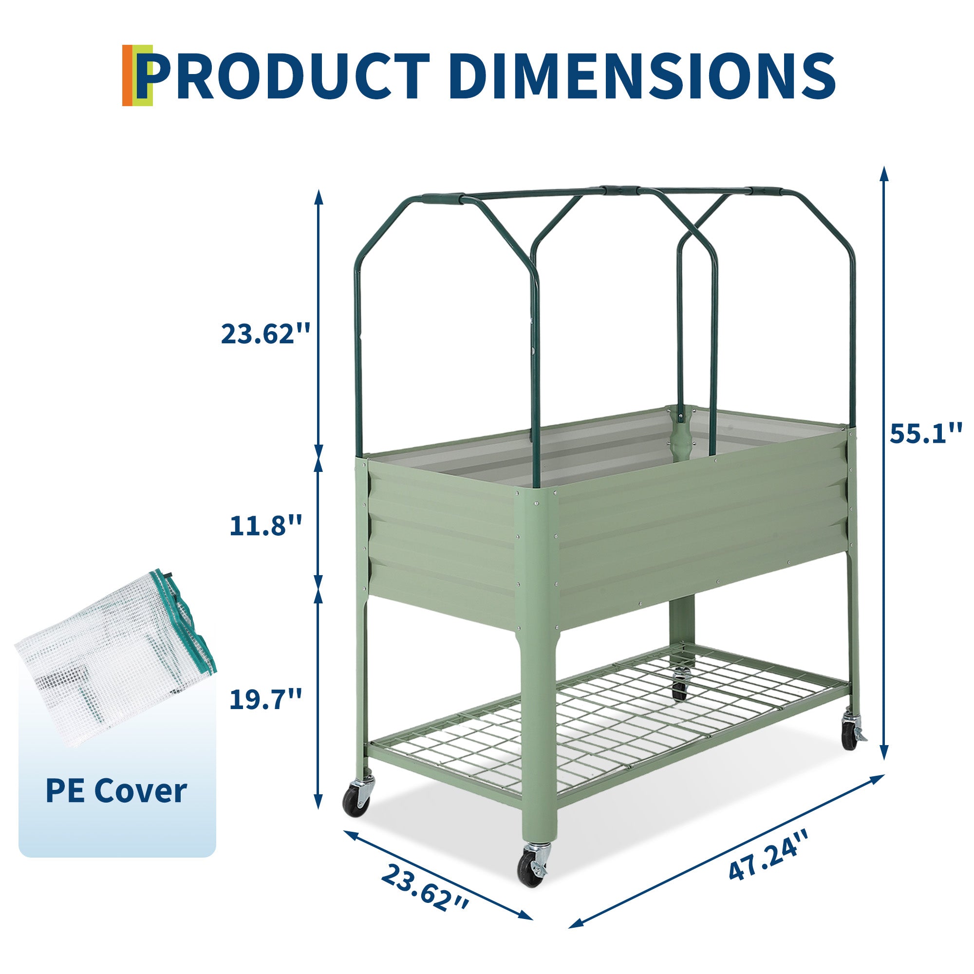 Garvee Raised Garden Bed with Cover 48" × 24" × 55", Green Galvanized Metal Planter Box with PE Greenhouse Cover, Legs & Drainage Holes