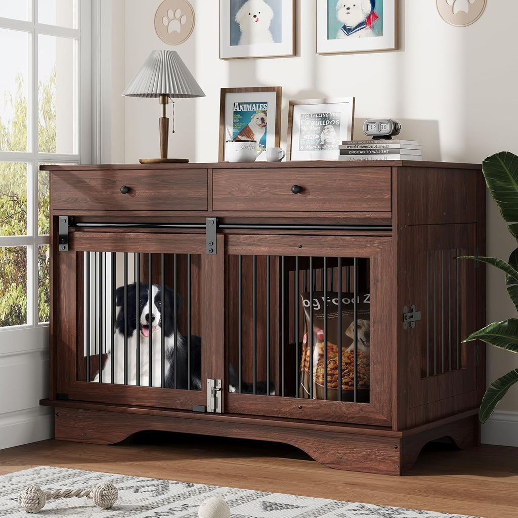 Garvee Dog Crate Furniture for 2 Dogs, 47" Double Dog Kennel with Removable Divider and 2 Drawers, Triple Doors, Decorative TV Stand Side Table, Indoor Pet Cage for L/M/S Dogs, Dark Brown