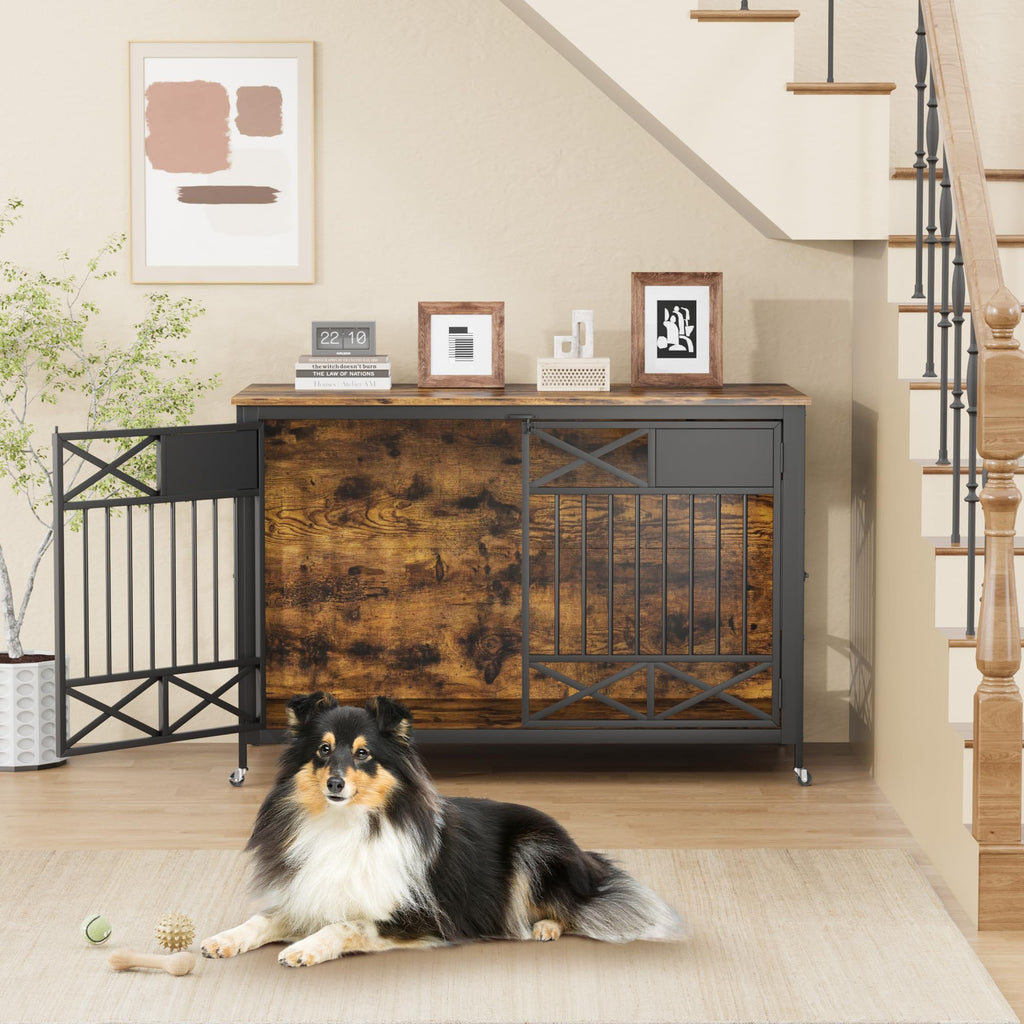 Garvee Heavy Duty Wooden Dog Crate Furniture - 47 Inch Large Pet Kennel Cage with Double Doors, Pulley System & Name Tag - Decorative End Table & TV Stand for Dogs, Antique Brown