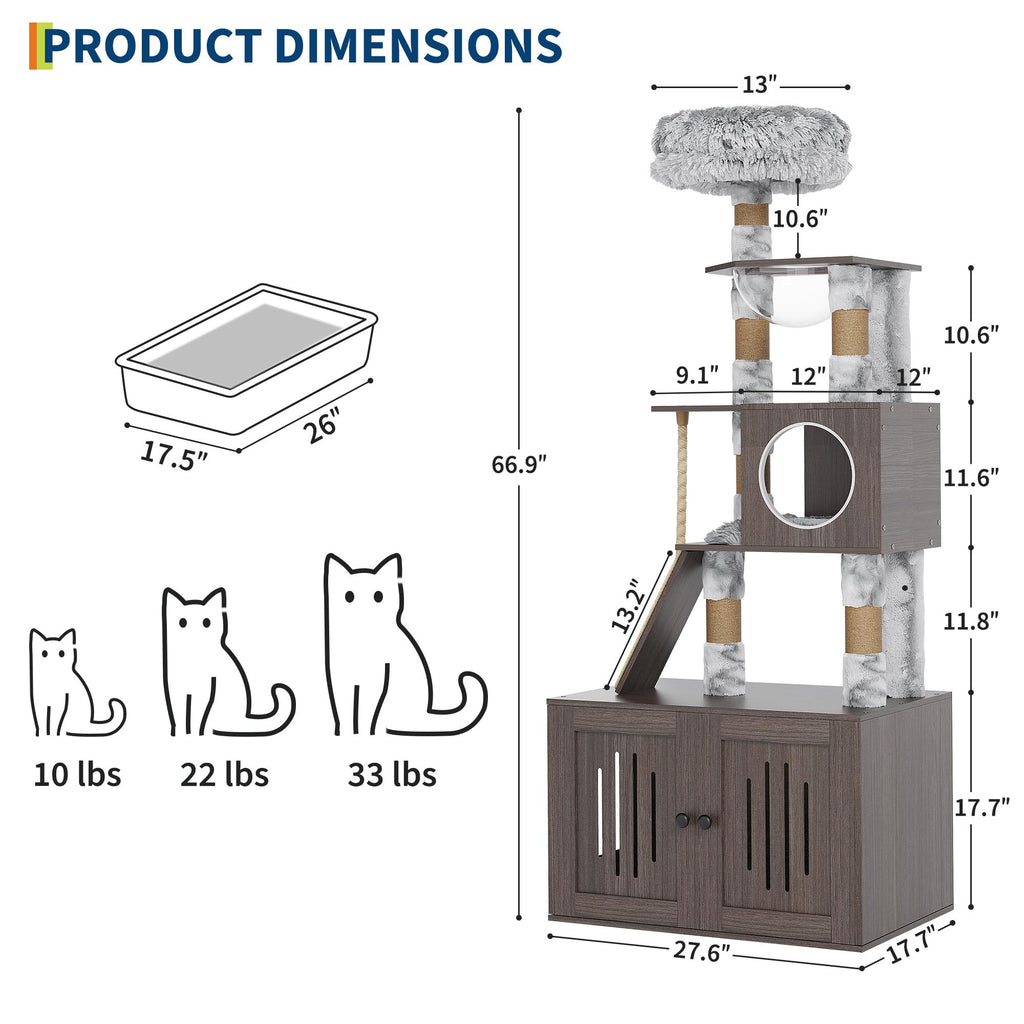 Garvee 66.9-Inch Cat Tree Tower with Litter Box Enclosure, Multi-Level Cat Furniture Featuring Hammock and Washable Cushions, Indoor Cat Tower for Play, Rest, and Privacy, Gray