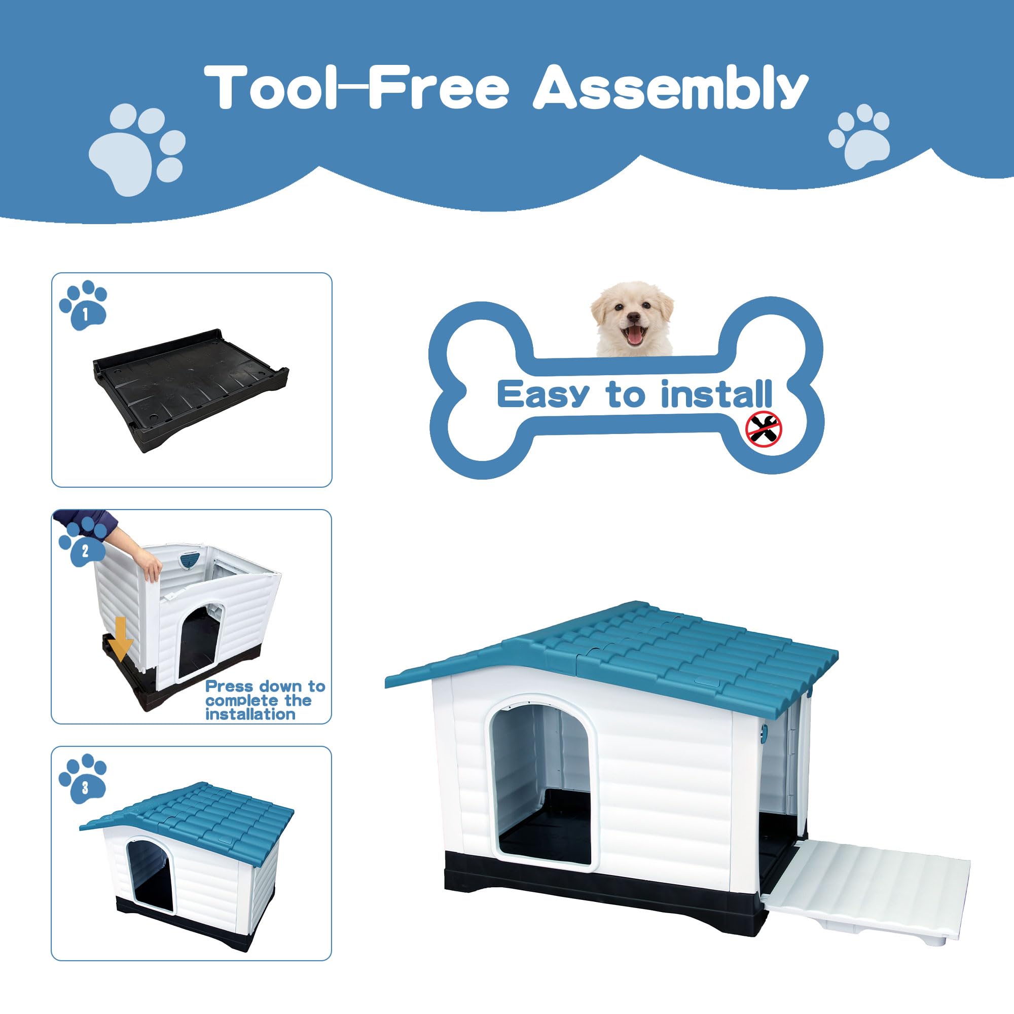 Garvee 2-Door Small Dog House for Indoor and Outdoor Dog House with Fold-Out Porch Elevated Base, Waterproof Pet House for Small and Medium Dogs, Easy Assembly, Blue (31''L x 21''W x 26''H)