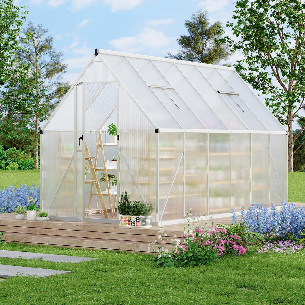 Garvee Heavy Duty Aluminum Polycarbonate Greenhouse Kit - 6x11 FT Large Walk-In Outdoor Garden Greenhouse with Roof Vent, Double Swing Doors, Quick Setup, Enhanced Ventilation - Silver