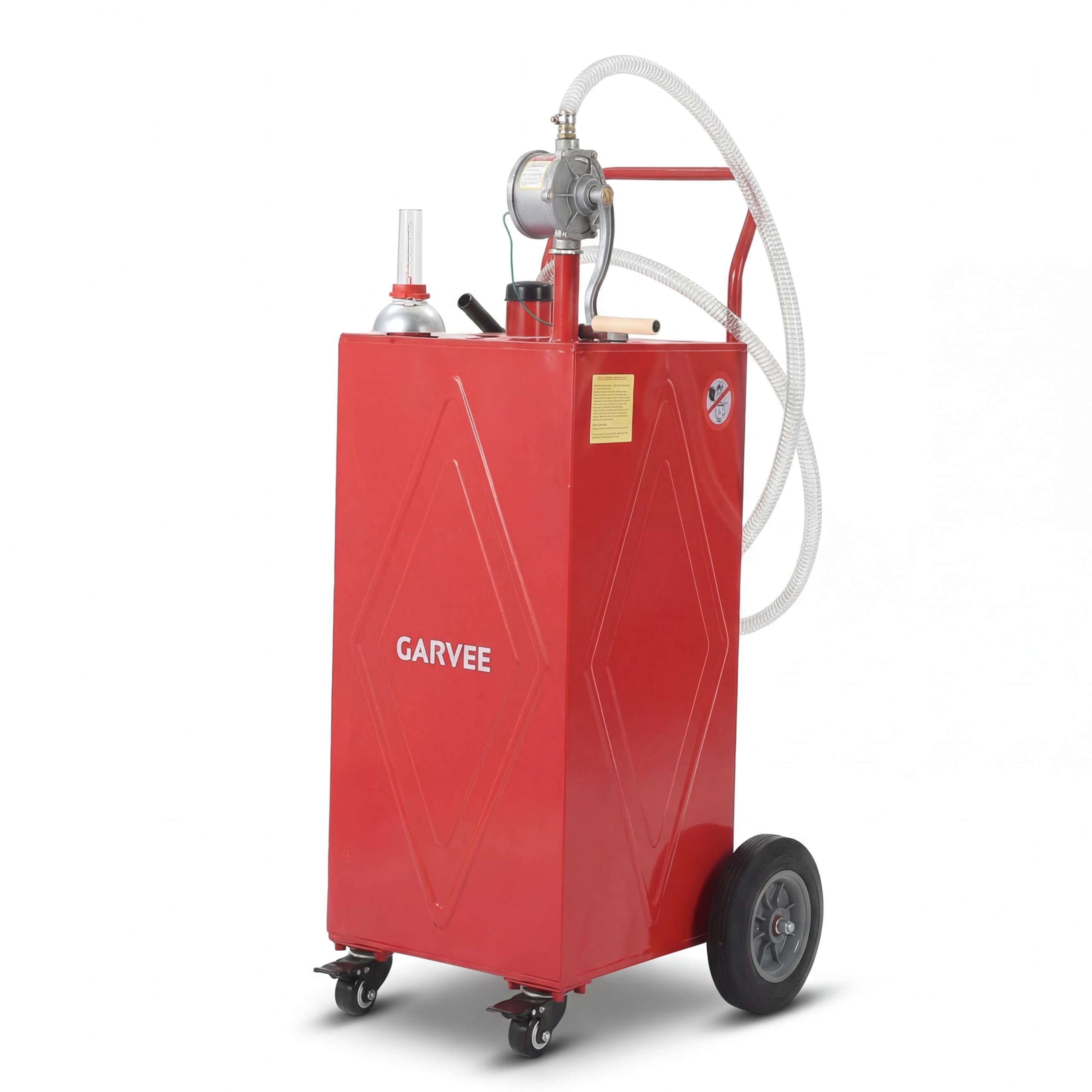 Garvee 30 Gallon Heavy Duty Steel Fuel Caddy with Manual Rotary Pump - All-Terrain 4-Wheel Portable Gas & Fuel Injector Transfer Tank - Leak-Proof Mobile Storage for Trucks, Boats, ATVs, Lawn Mowers, Farm Equipment - Reinforced 4-Wheeler, Red - Li Junjie
