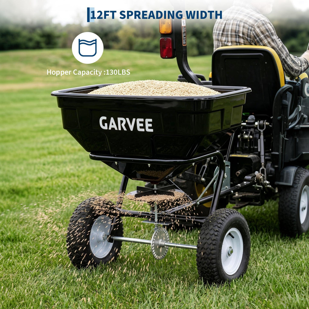 Garvee 130 lb Tow-Behind Broadcast Spreader, Heavy-Duty Lawn & Garden Spreader with 0–12 ft Coverage, Universal Hitch, 13" Pneumatic Tires & 20-Level Flow Control for ATV, UTV & Riding Mower, Black