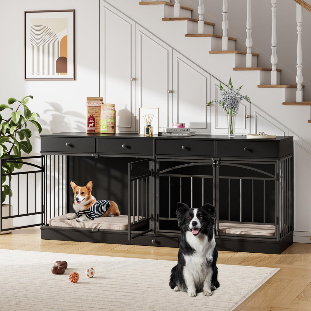 Garvee 78.7" Double Dog Crate Furniture with Storage and 4 Doors, Dog Kennel Indoor with Feeding Bowls, Wood Dog Crate TV Stand for Small Medium Dogs, Black