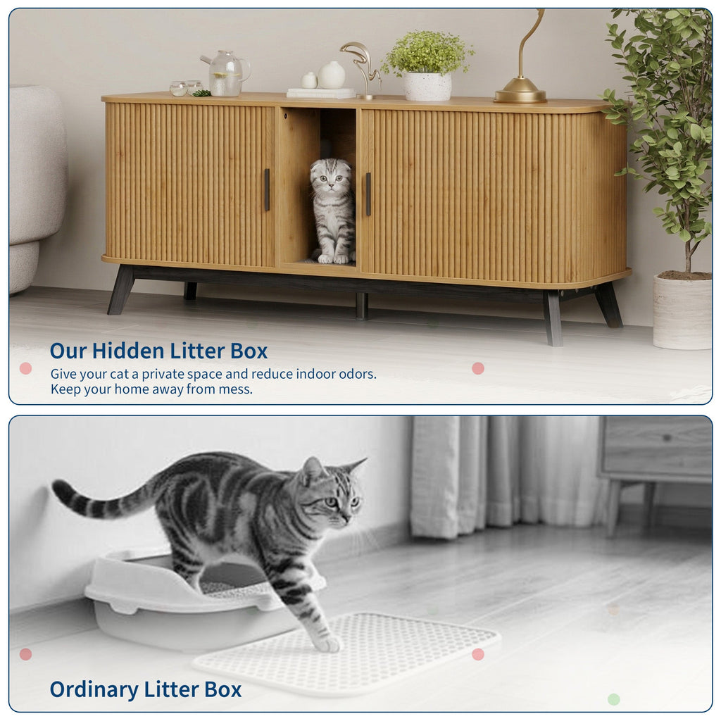 Garvee Multi-Functional Cat Litter Box Enclosure for 2 Cats, 59" Large Wooden Pet House - Hidden Litter Box Furniture - Sliding Door Access - Cat Litter Mat Included - TV Stand Side Table - Color: Natural Wood