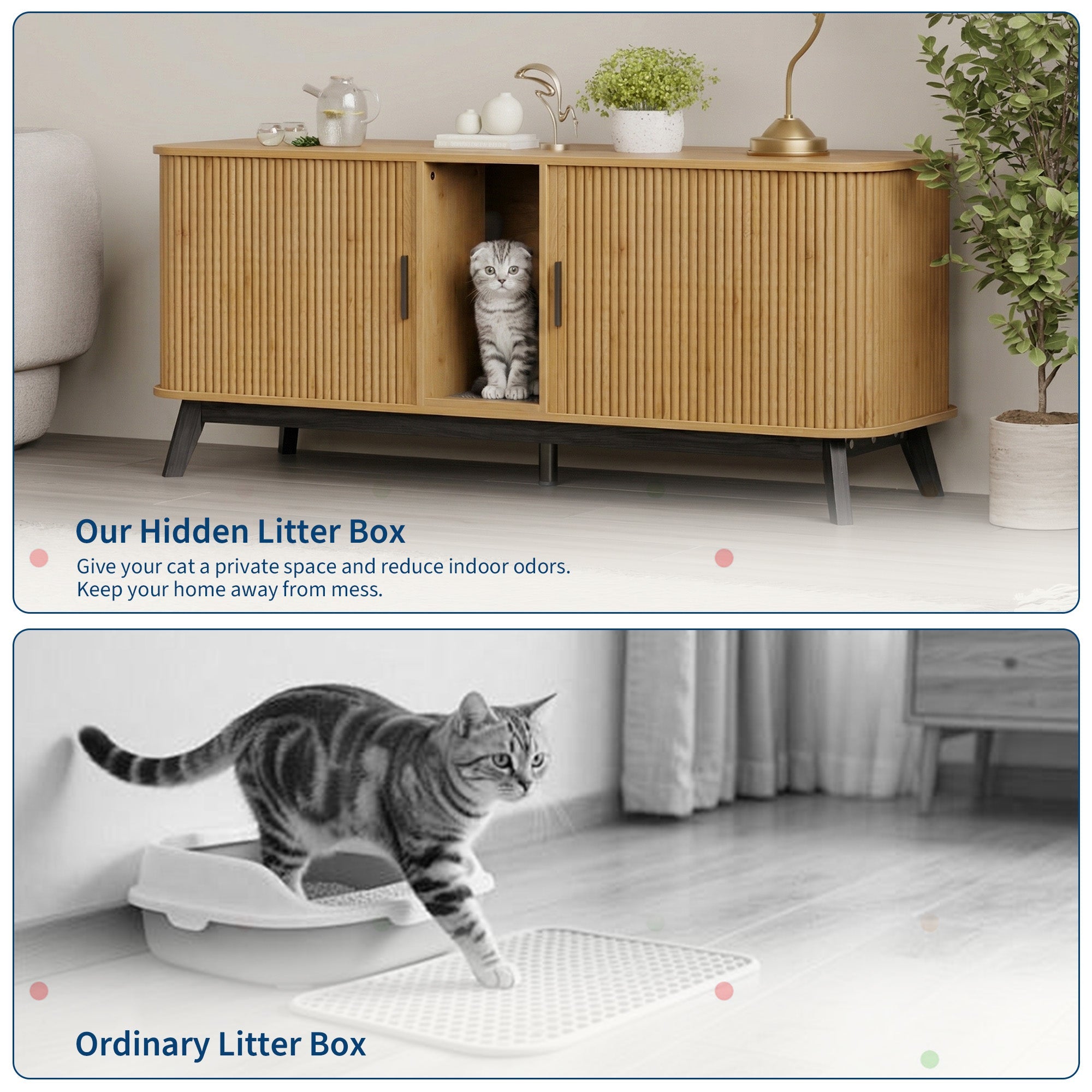 Garvee Multi-Functional Cat Litter Box Enclosure for 2 Cats, 59" Large Wooden Pet House - Hidden Litter Box Furniture - Sliding Door Access - Cat Litter Mat Included - TV Stand Side Table - Color: Natural Wood